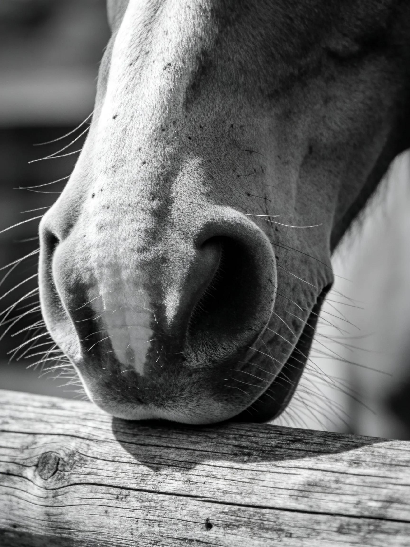 Black - and - white close - up of a horse’s muzzle near a wooden beam