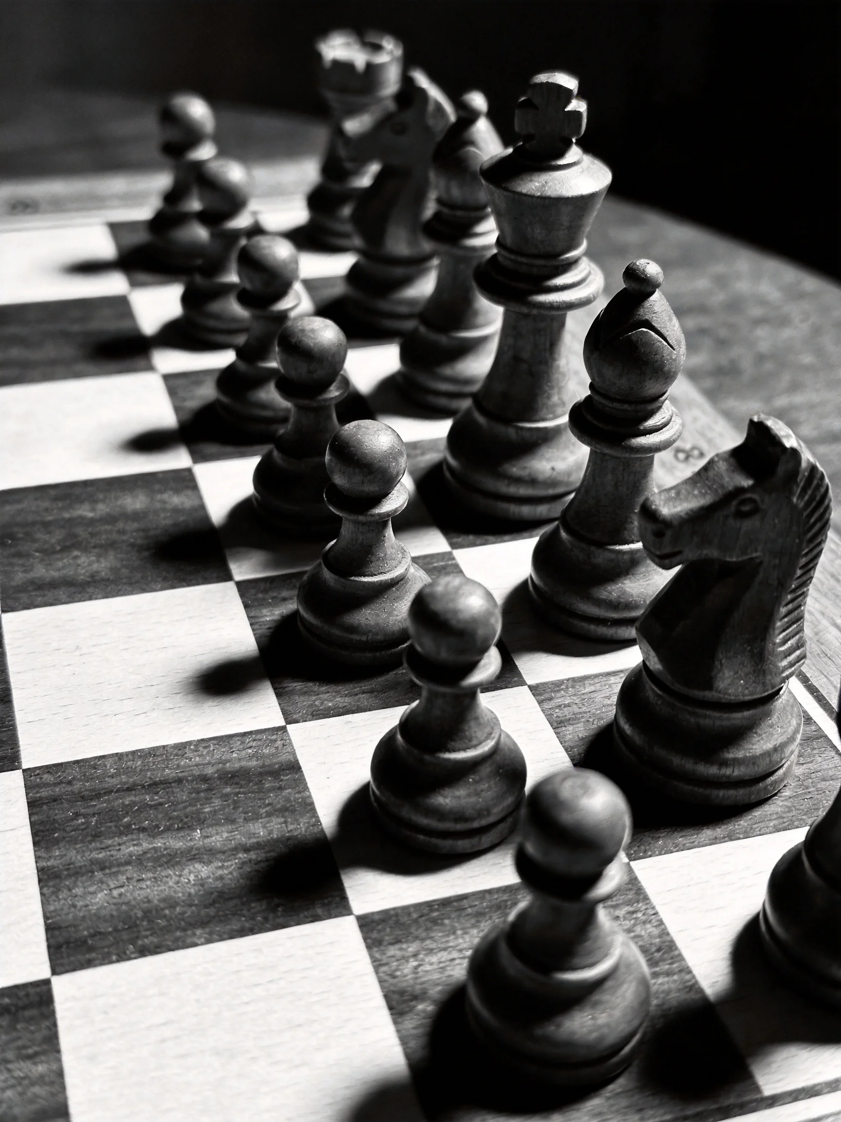 Black and White Chess Pieces Arranged on a Traditional Checkerboard
