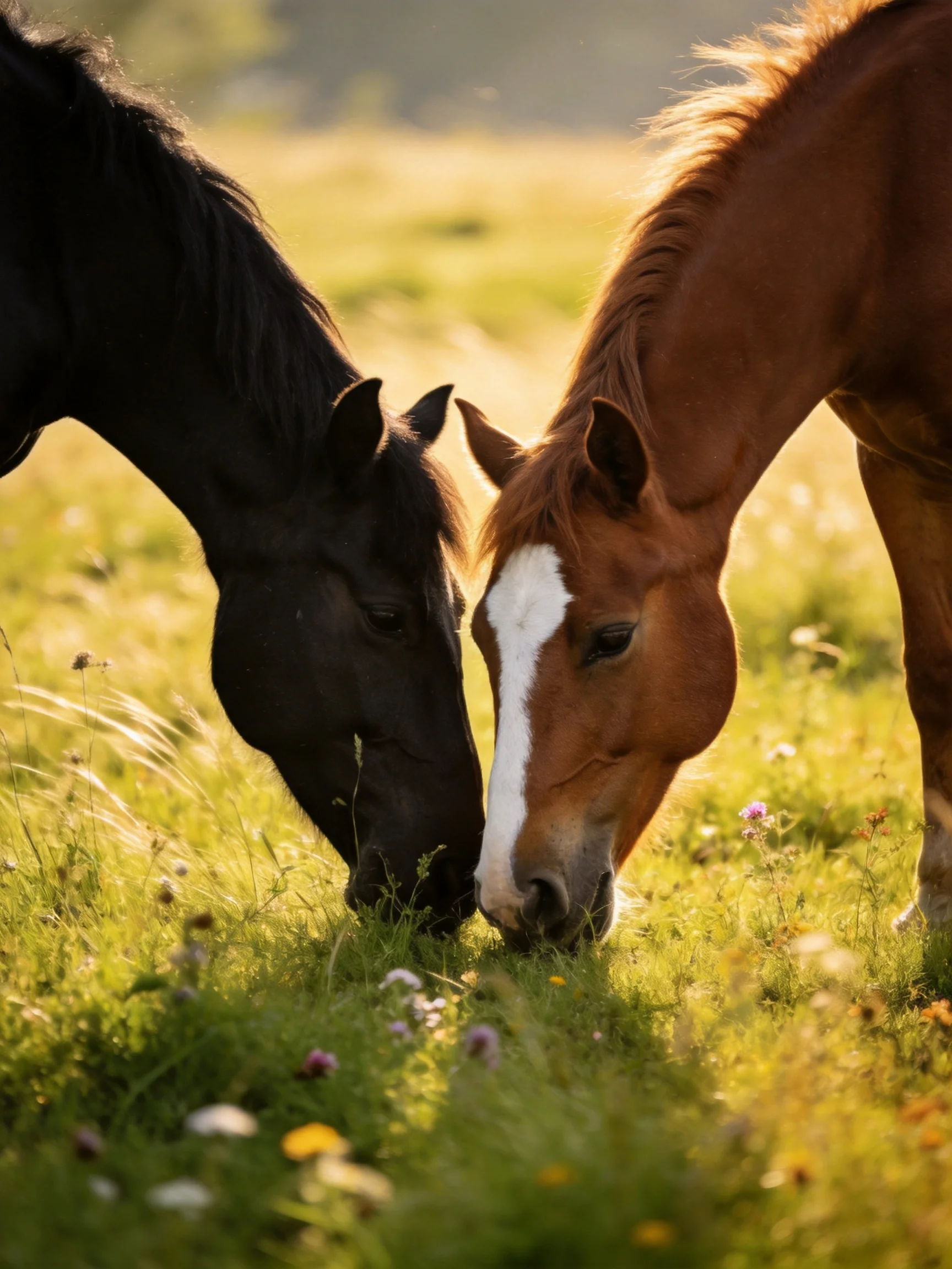 Black and chestnut horses graze together in a sunlit meadow