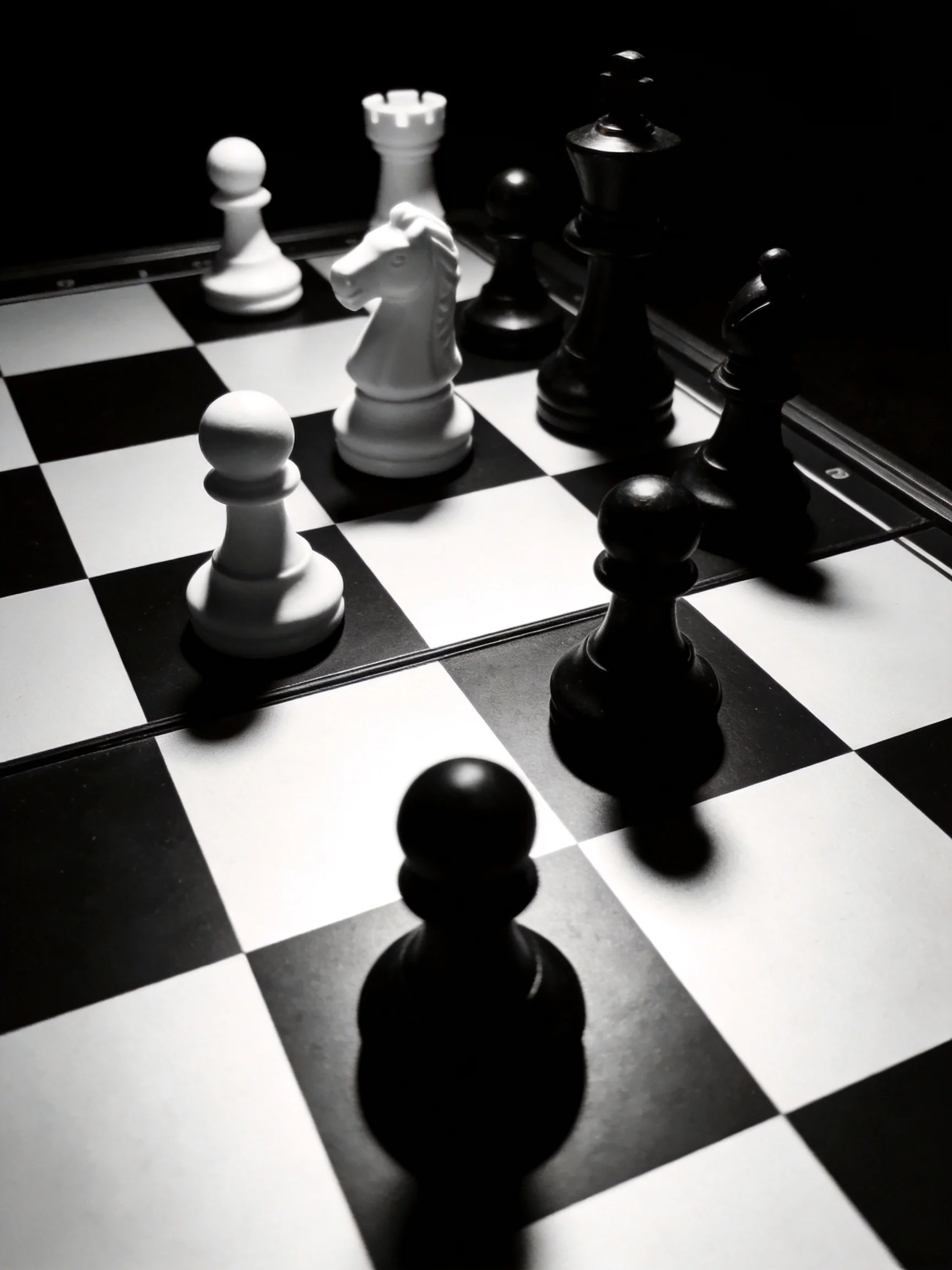 Black and white chess pieces arranged on a checkered board with dramatic lighting