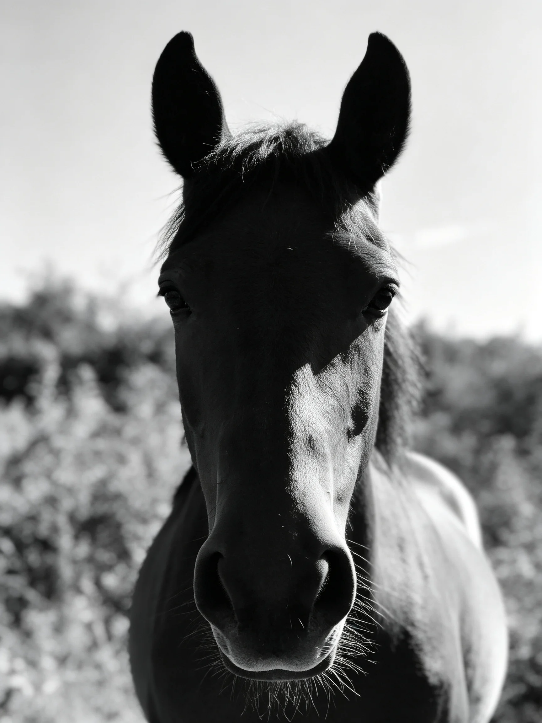 Black and white close - up portrait of a horse with prominent ears
