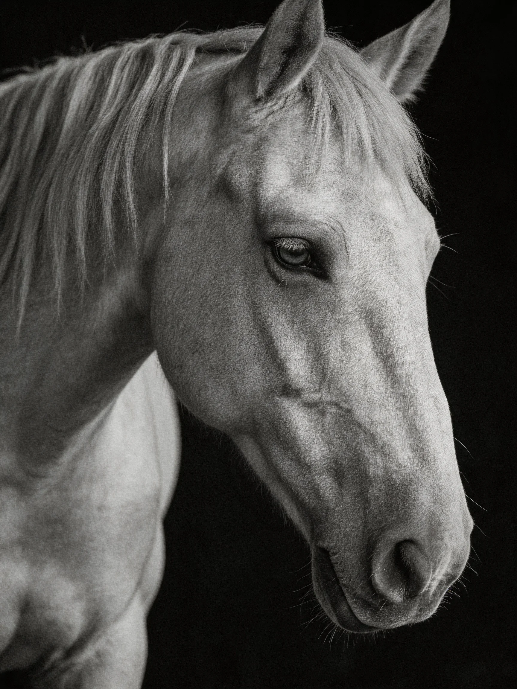 A black and white close - up captures a serene horses profile.