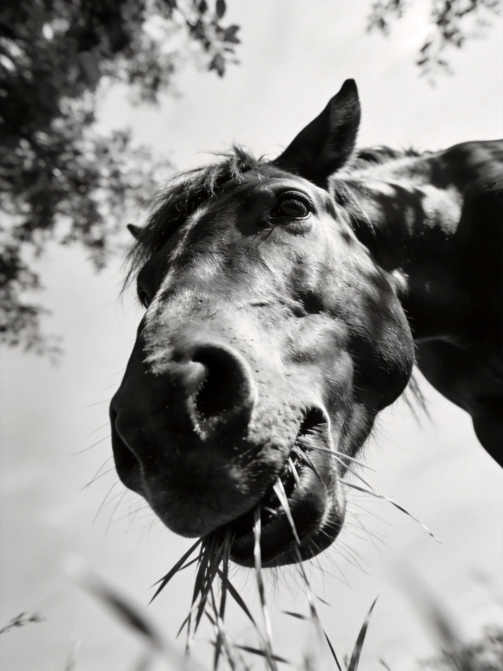 A black and white close-up shows a horse eating grass outdoors.