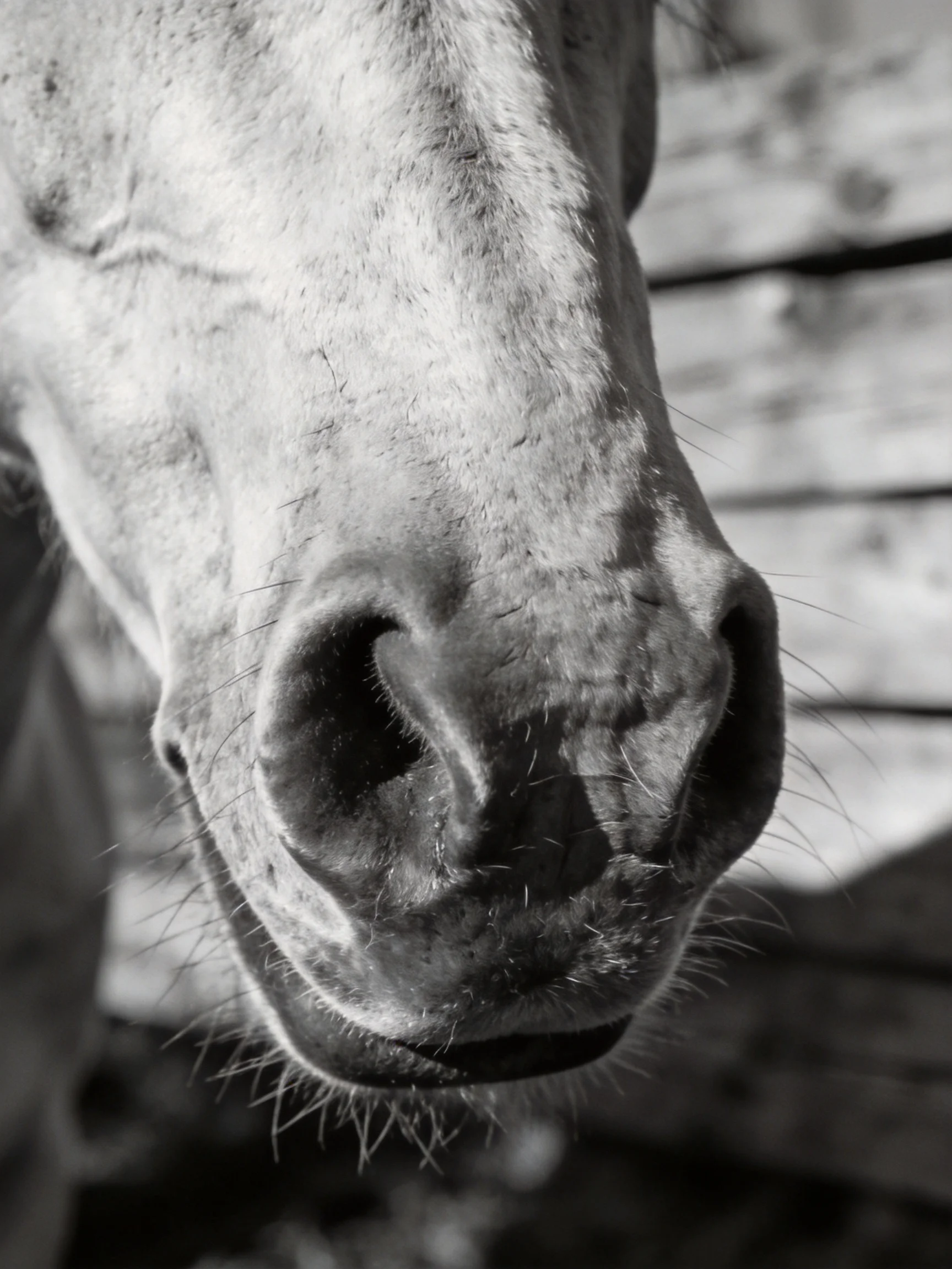 A black-and-white close-up focuses on a horses snout with wooden elements in the background.