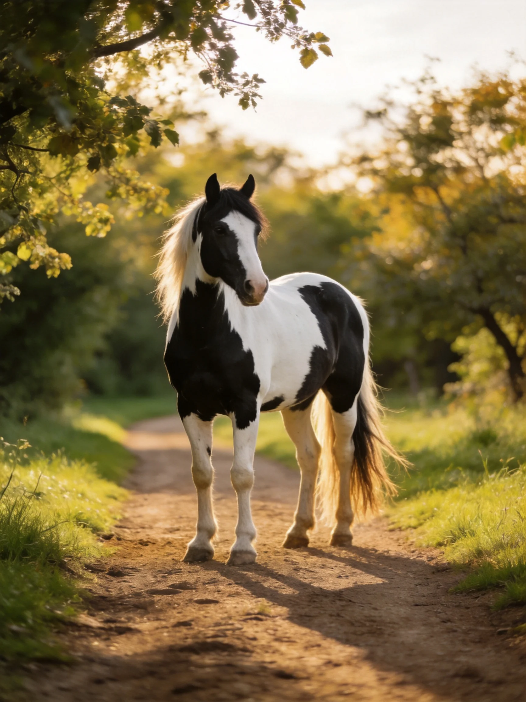 A black and white horse stands on a sunlit dirt path among trees.