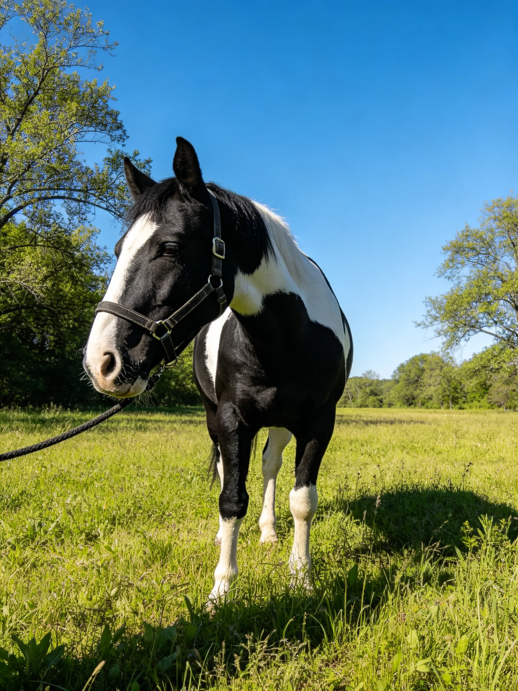 A black and white horse stands in a sunlit meadow near trees.
