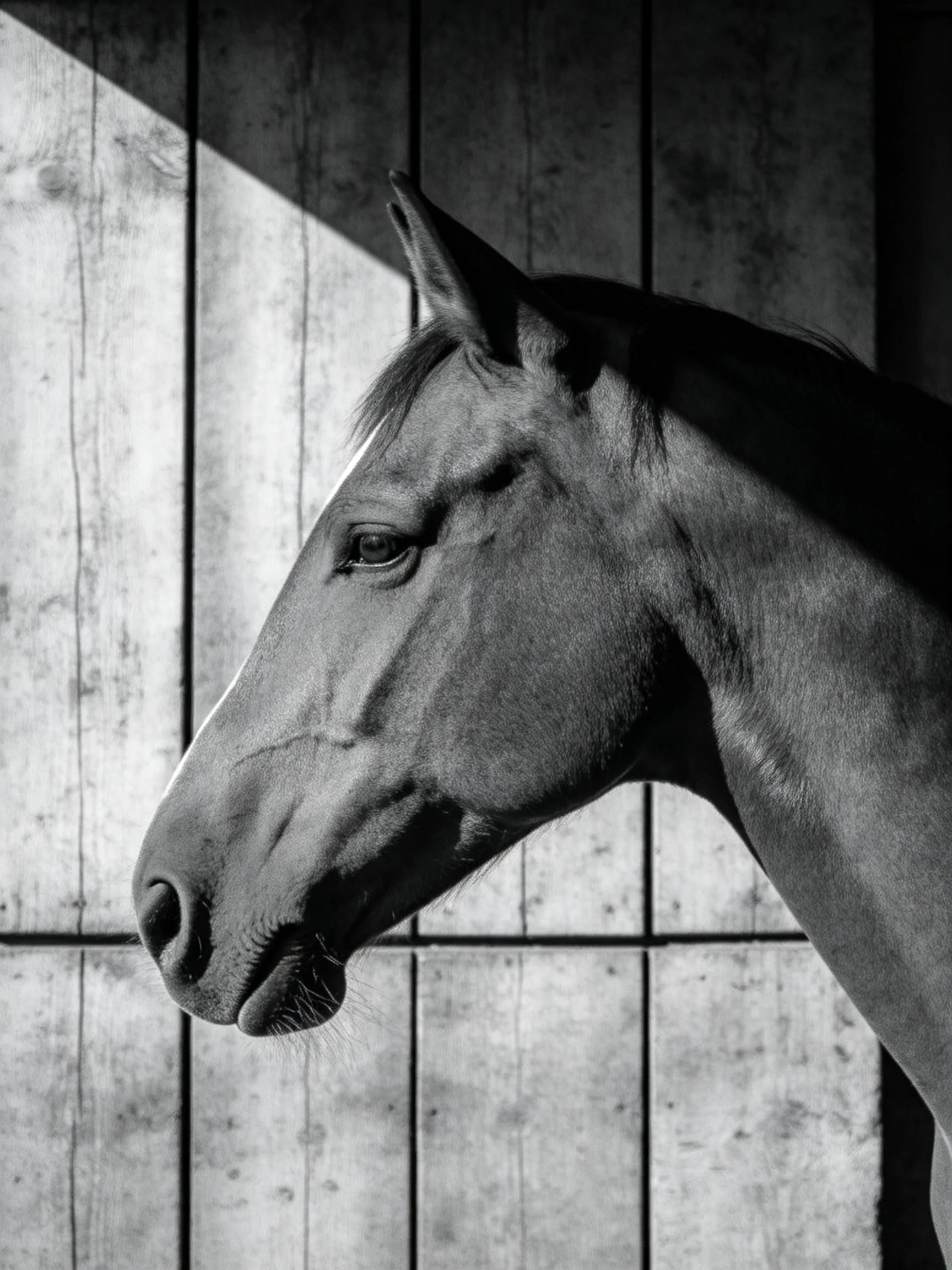 Black and white portrait of a horse beside wooden panels