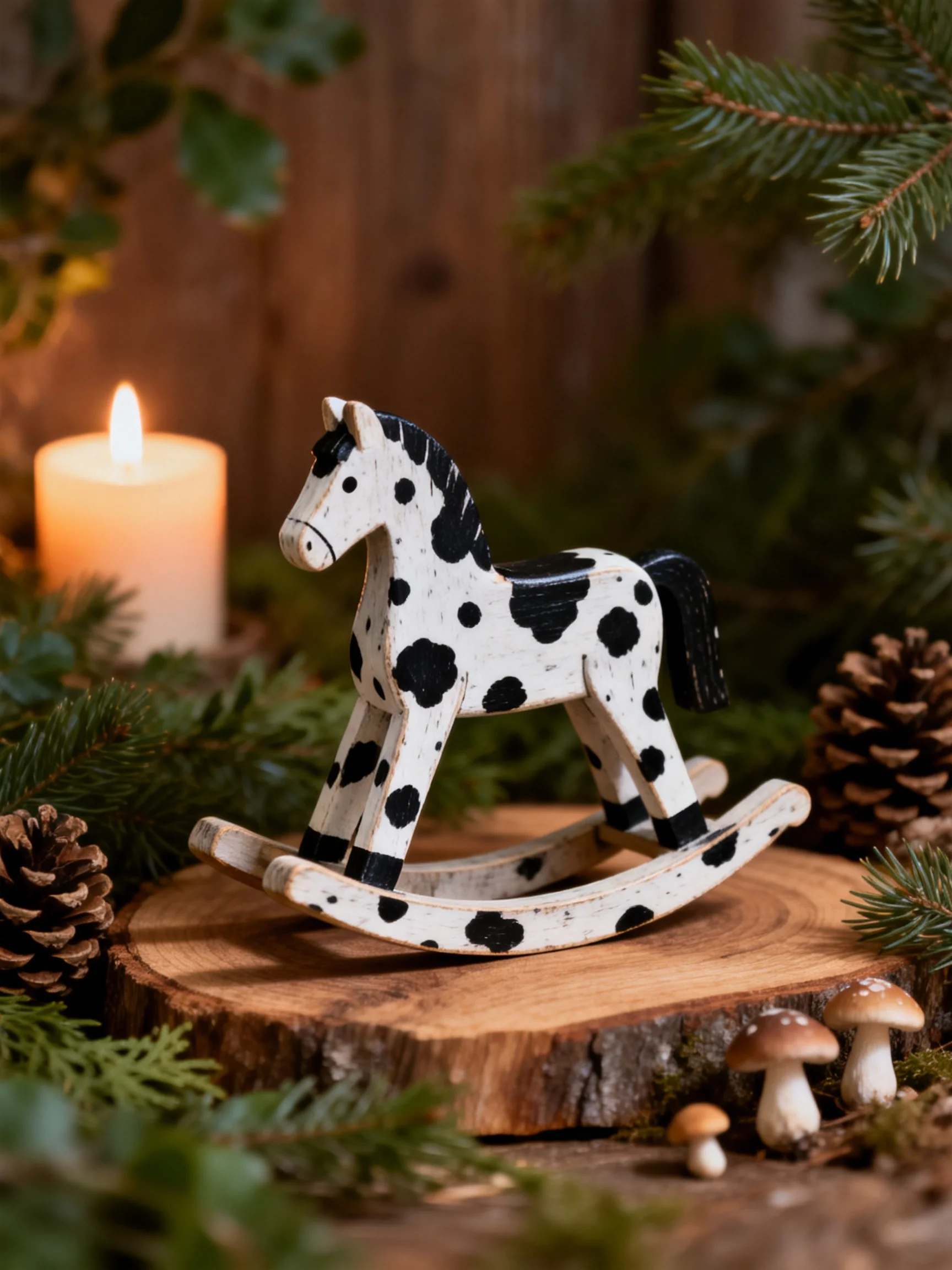 A black-and-white spotted wooden rocking horse rests on a wooden slice amid evergreens and decorations.