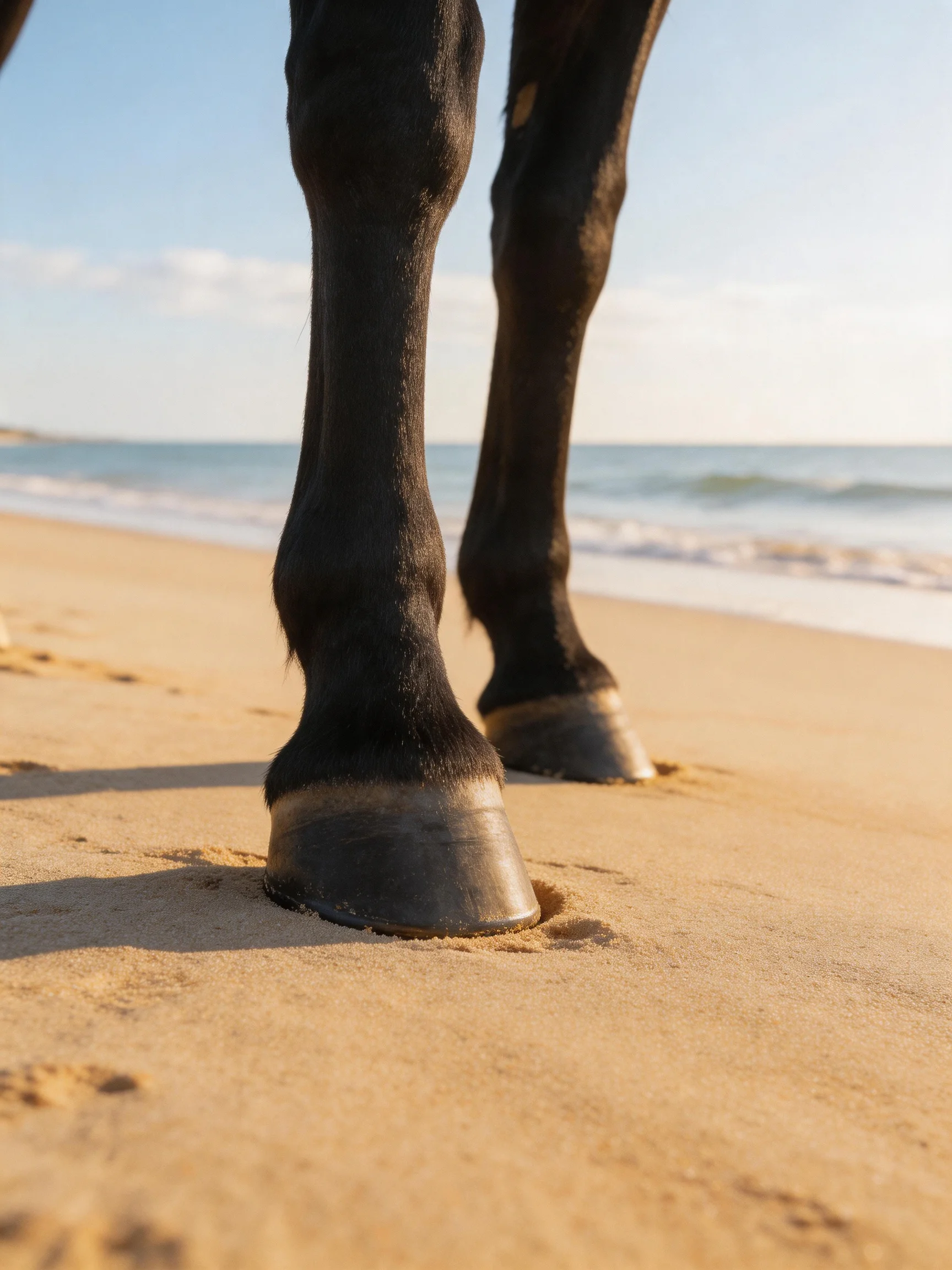Black horse hooves stand firm on golden sand by the sea