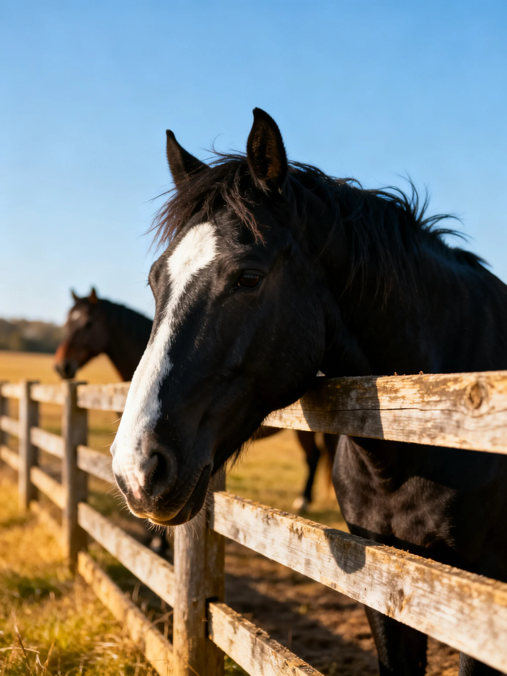 Black horse with white blaze and brown horse near a weathered wooden fence