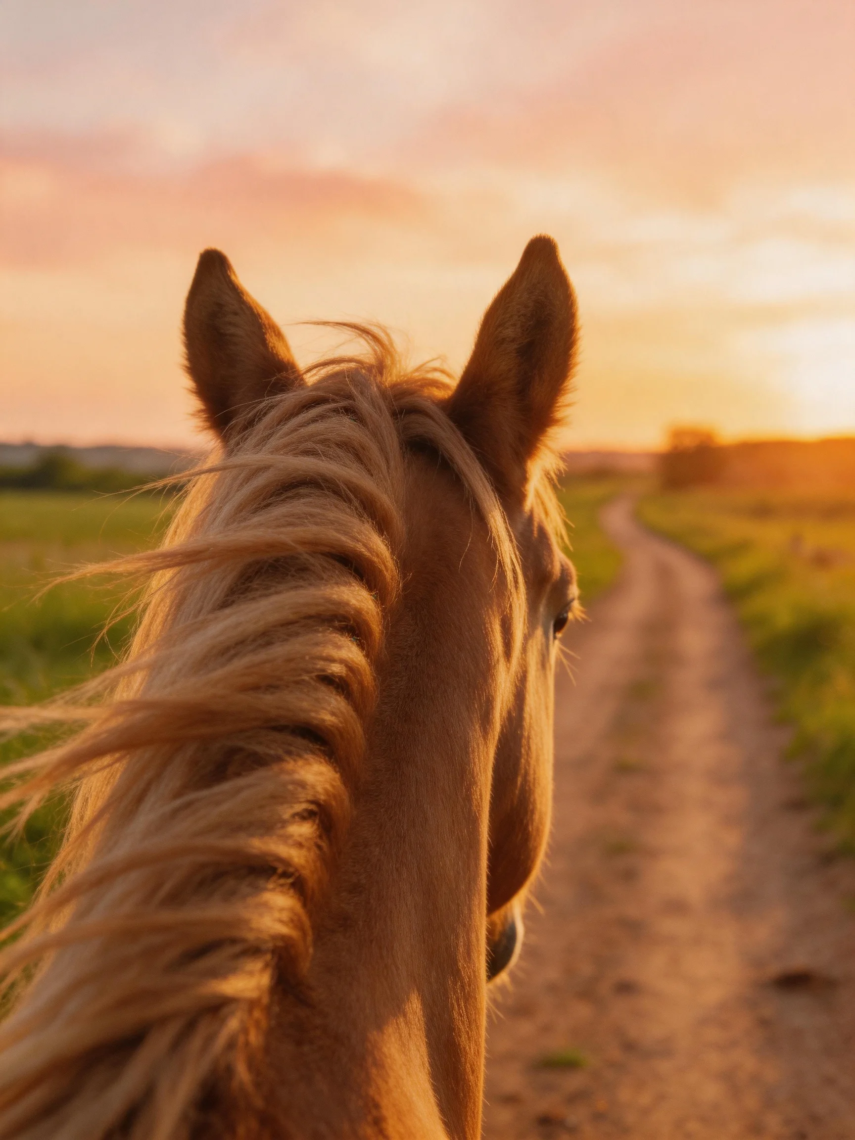 Blonde horse’s mane near winding dirt path at sunset