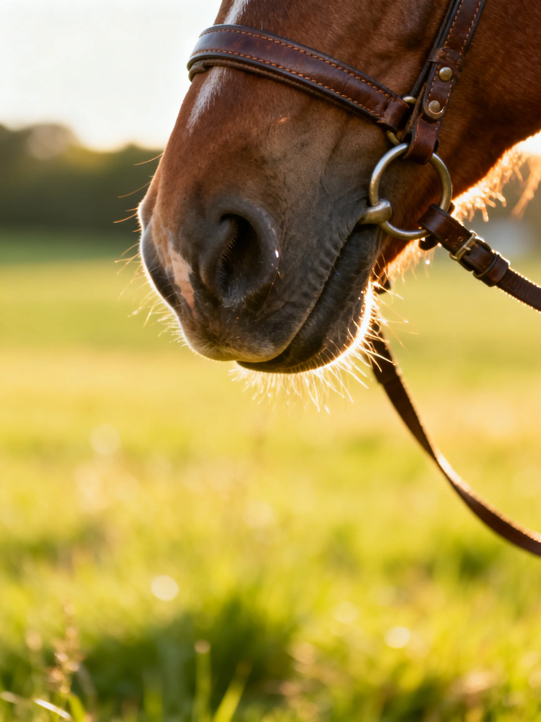 Brown Horse Nose with Leather Bridle in Sunlit Field
