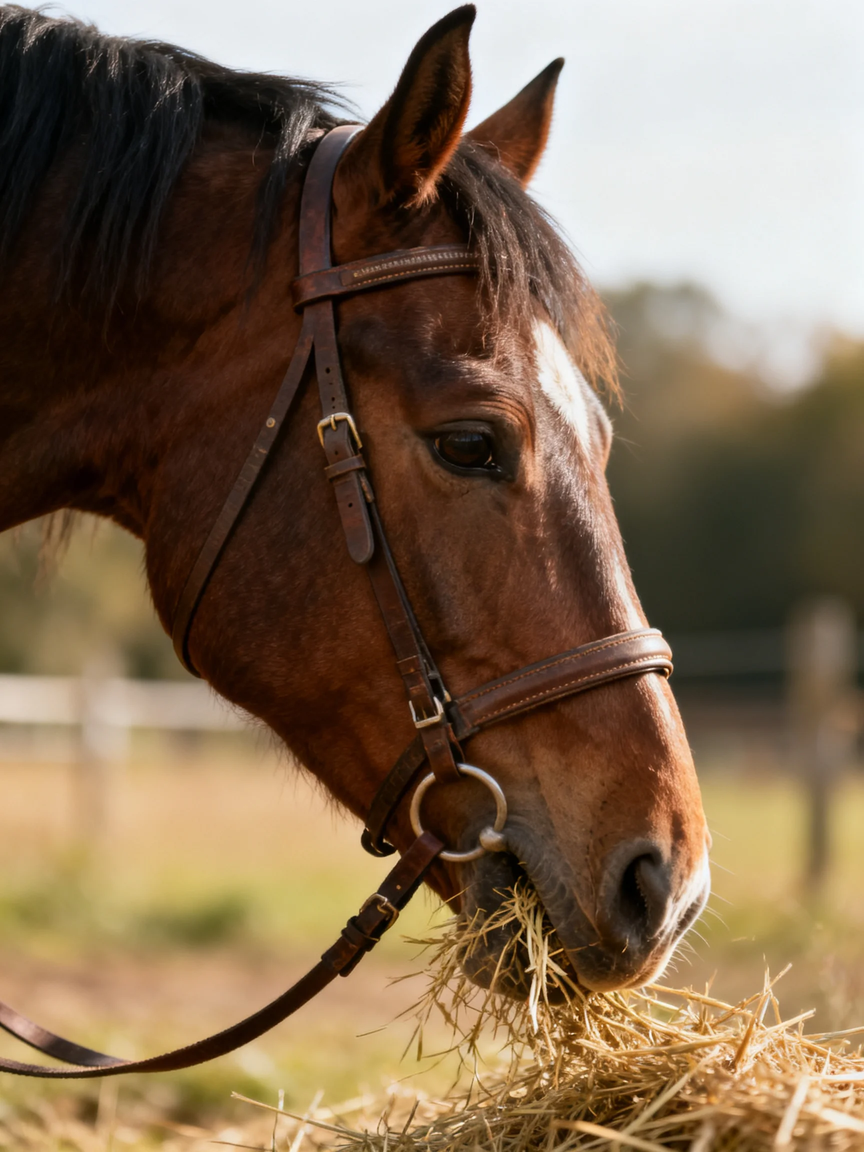 Brown Horse with Leather Bridle Eating Golden Hay Outdoors