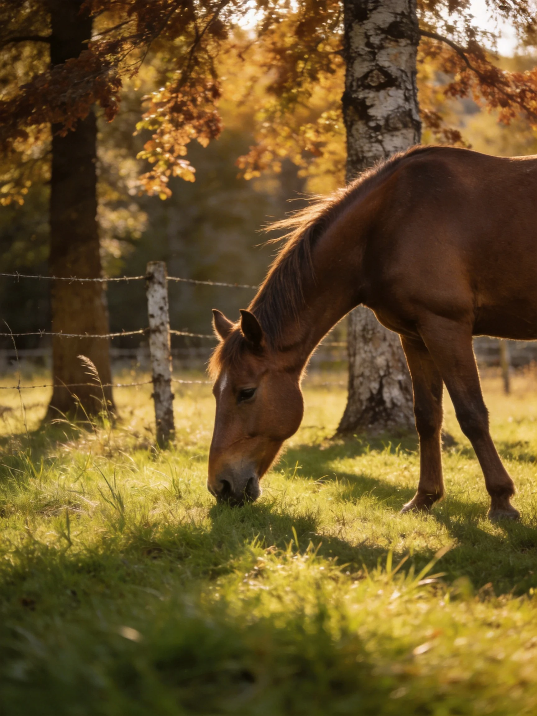 Brown horse grazing in sunlit meadow near birch trees