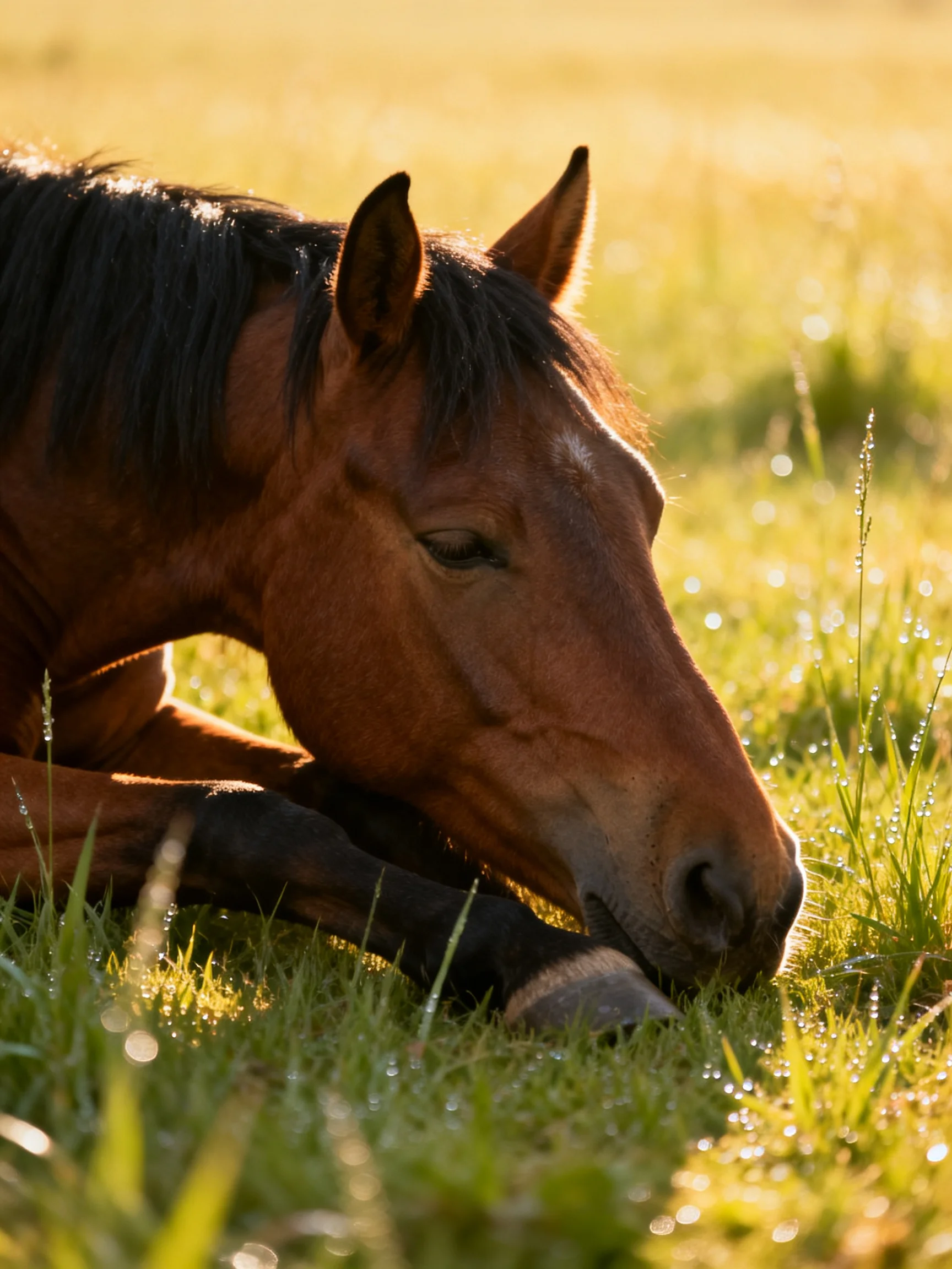 Brown horse resting in dewy sunlit meadow grass