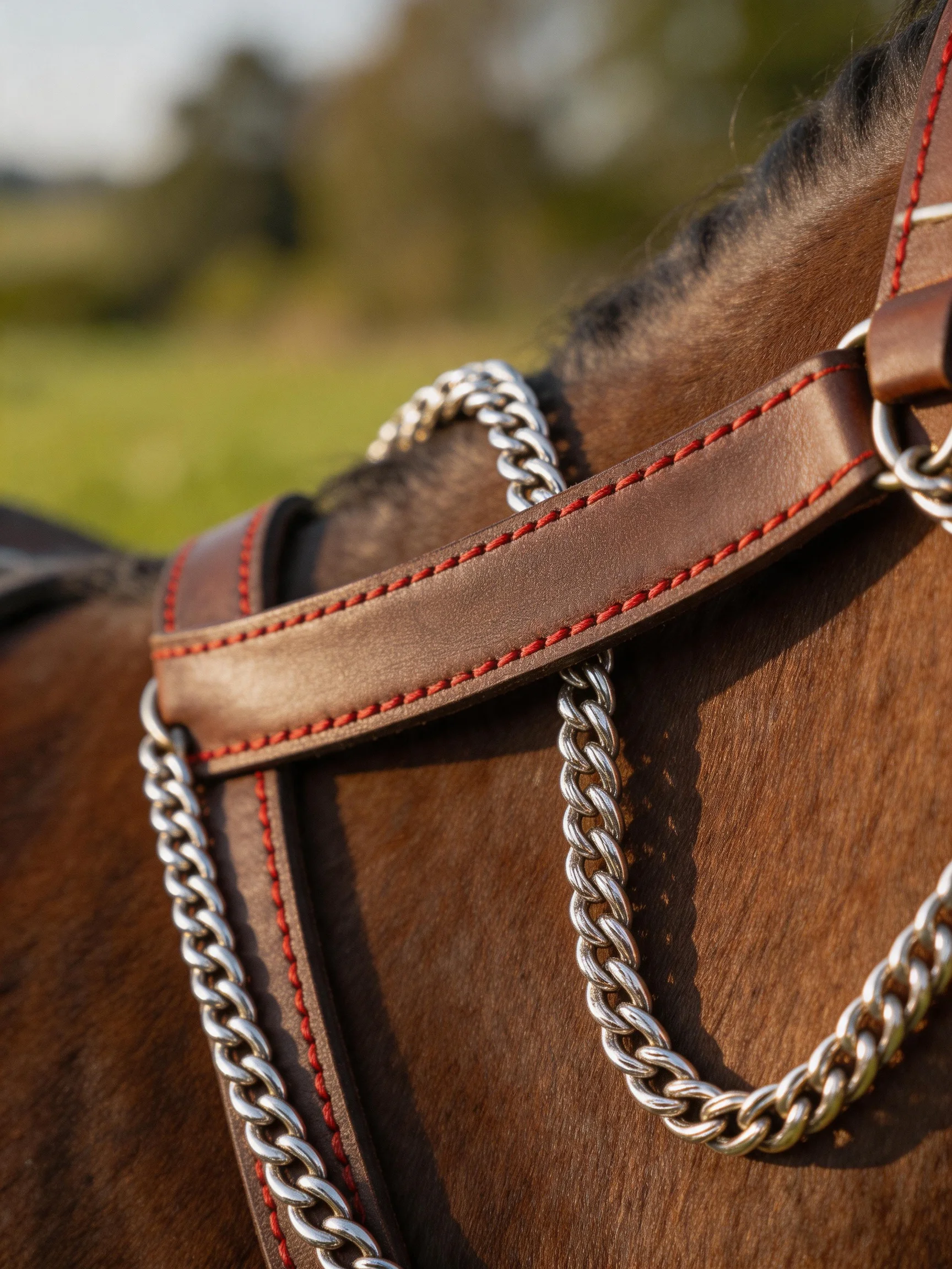 Brown horse with brown leather harness and silver chains