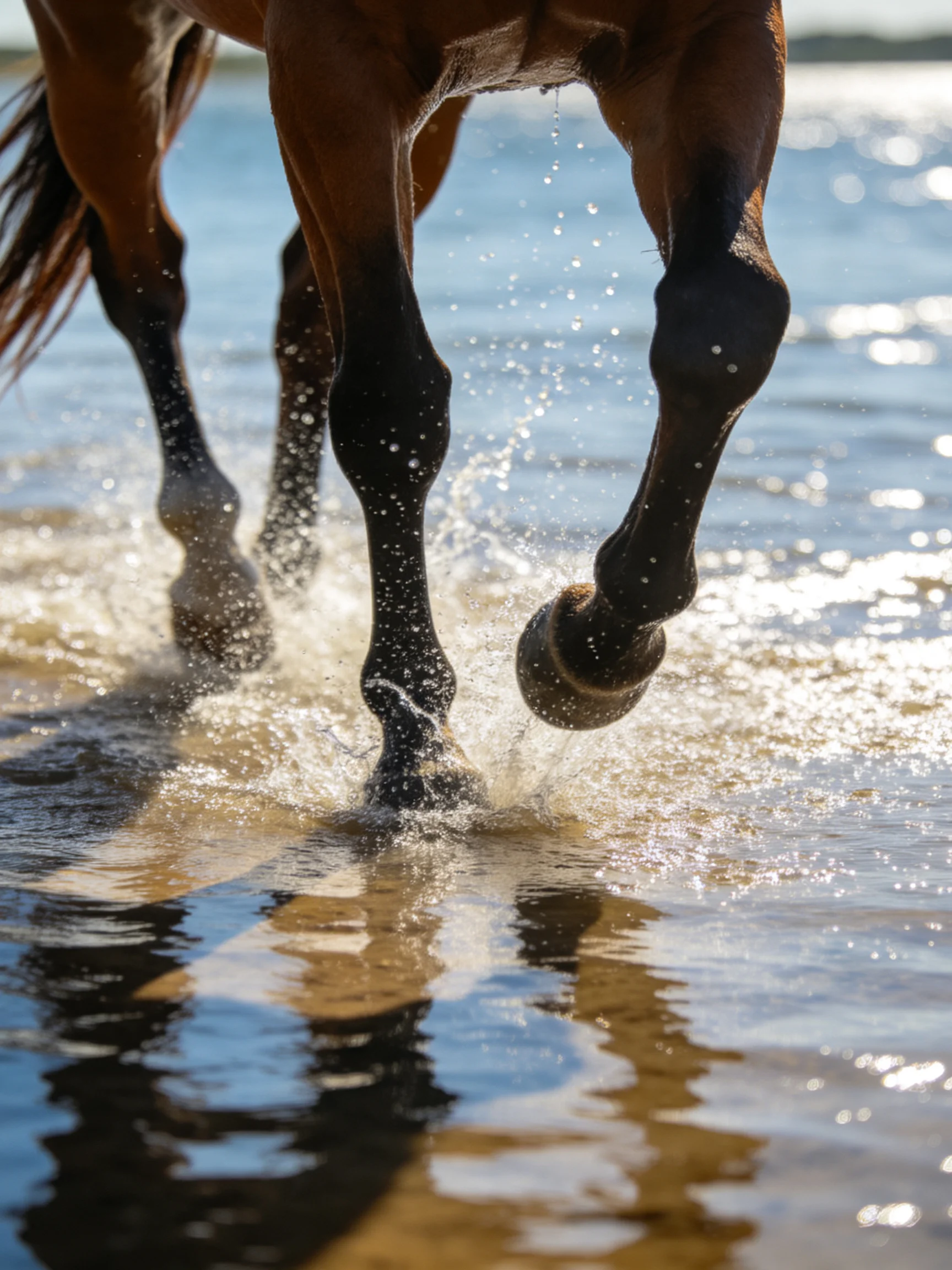 Brown horse’s muscular legs splashing in shimmering blue water