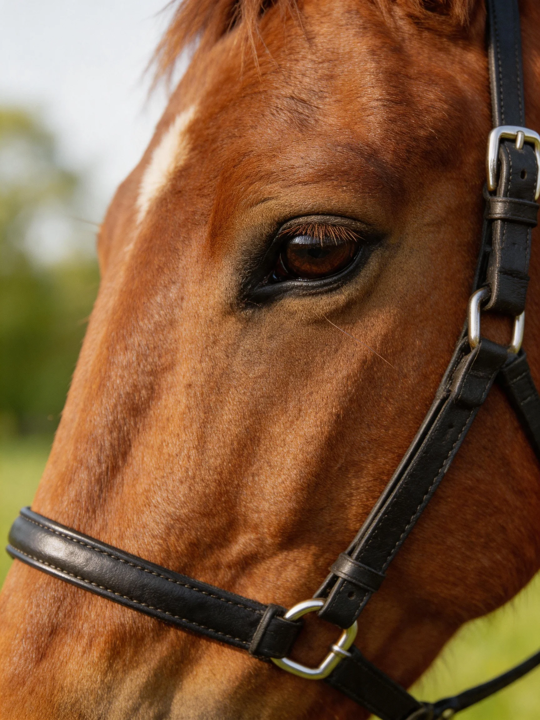Close - up of a chestnut horse wearing a black leather halter.