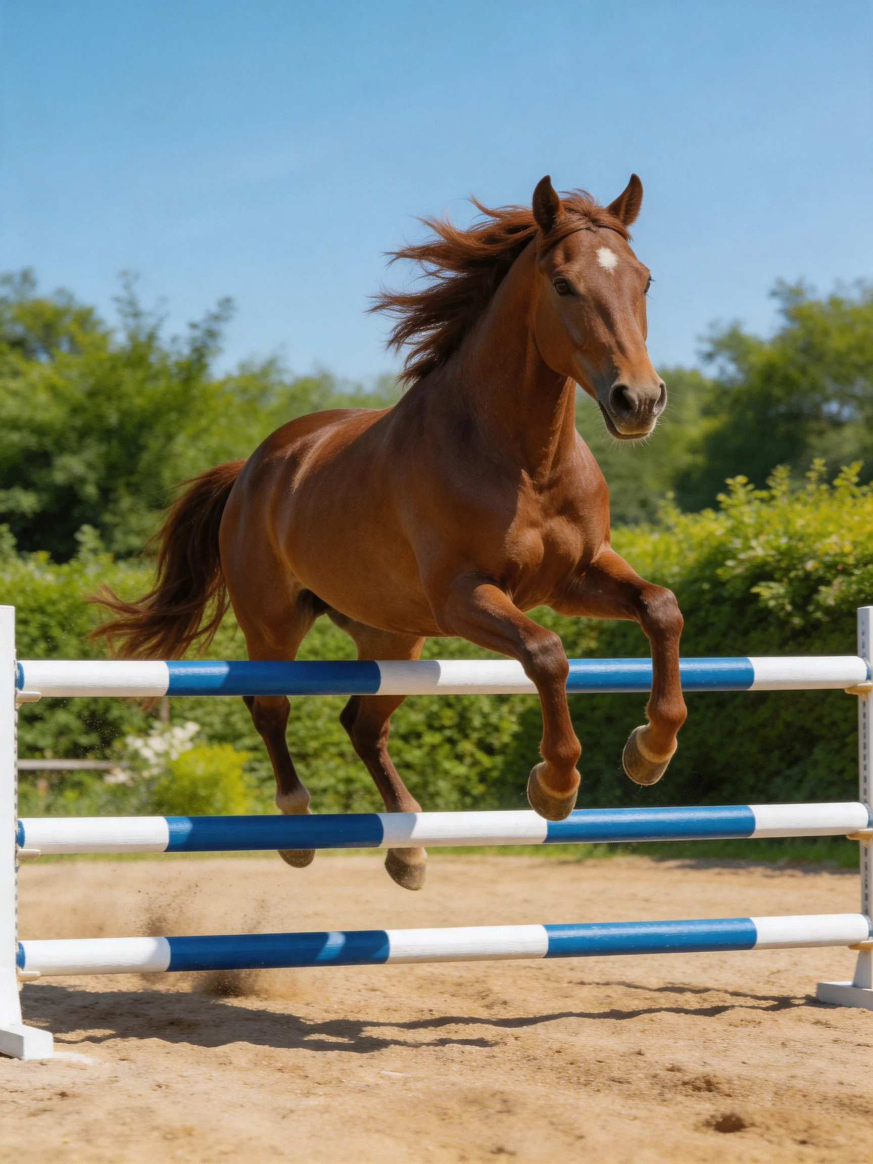 Chestnut Horse Jumps Over Three Blue - White Hurdles Outdoors