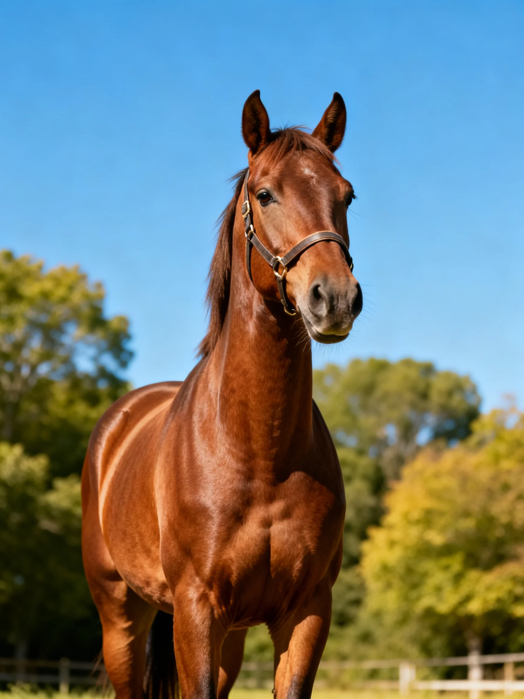Chestnut Horse in Sunny Pasture with Green Trees