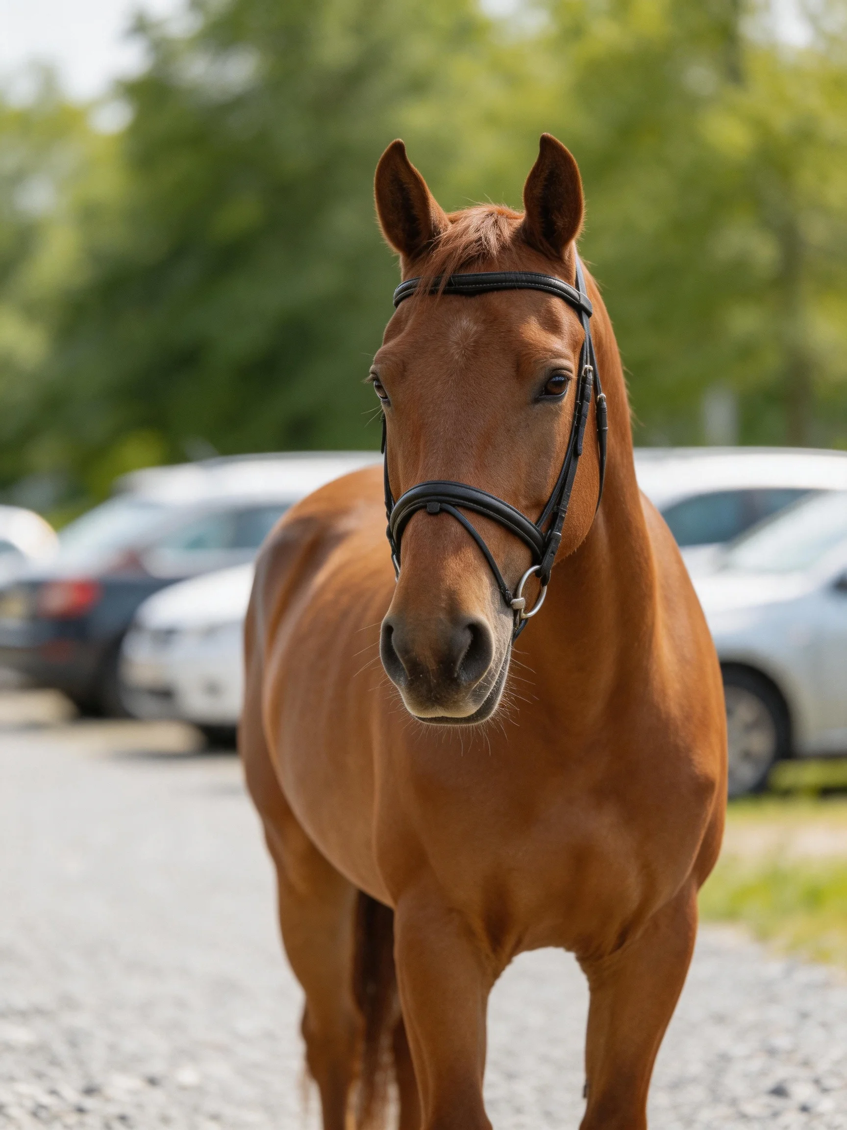 Chestnut Horse with Black Bridle Near Parked Vehicles