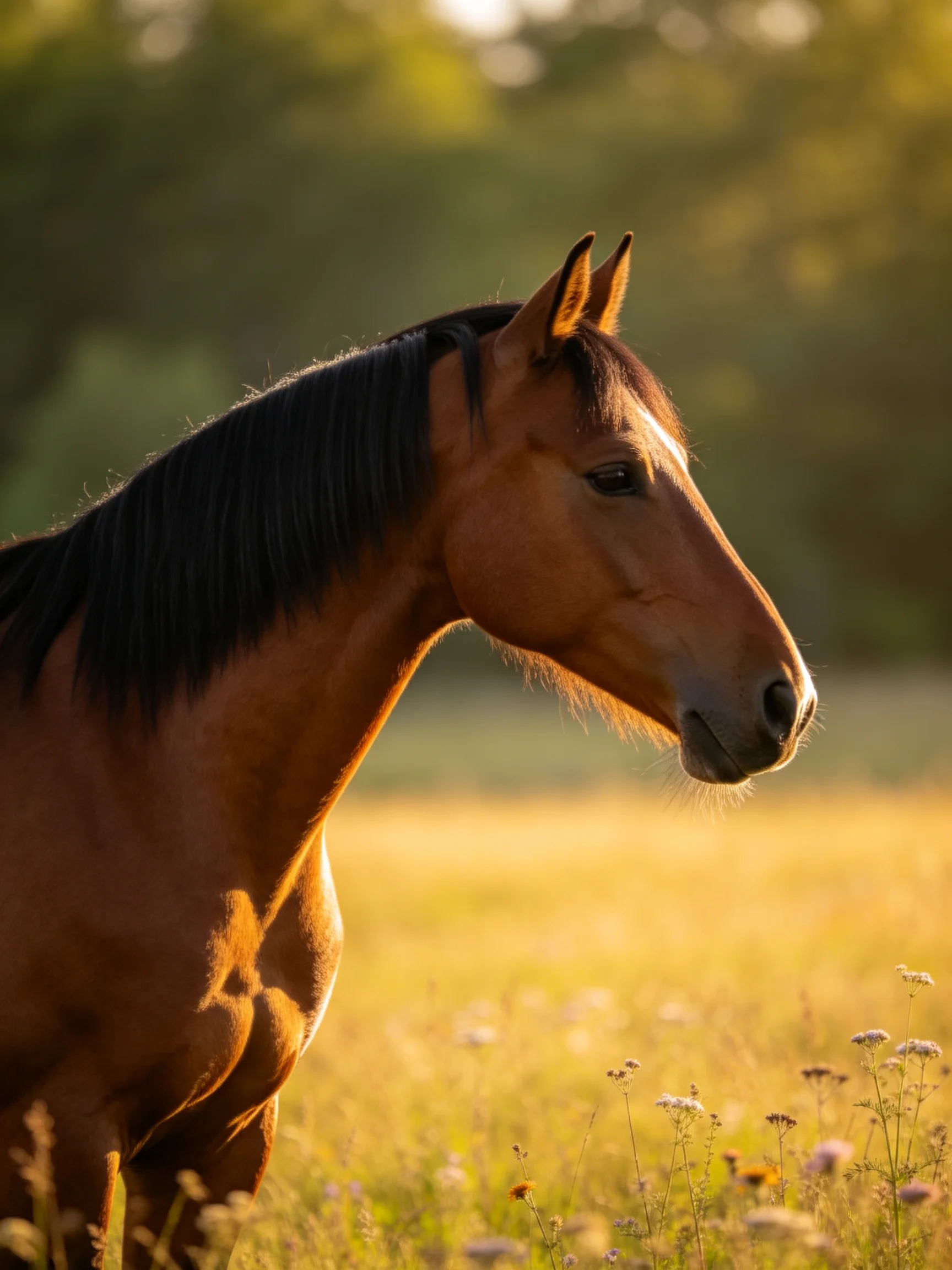 Chestnut Horse with Black Mane in Sunlit Meadow