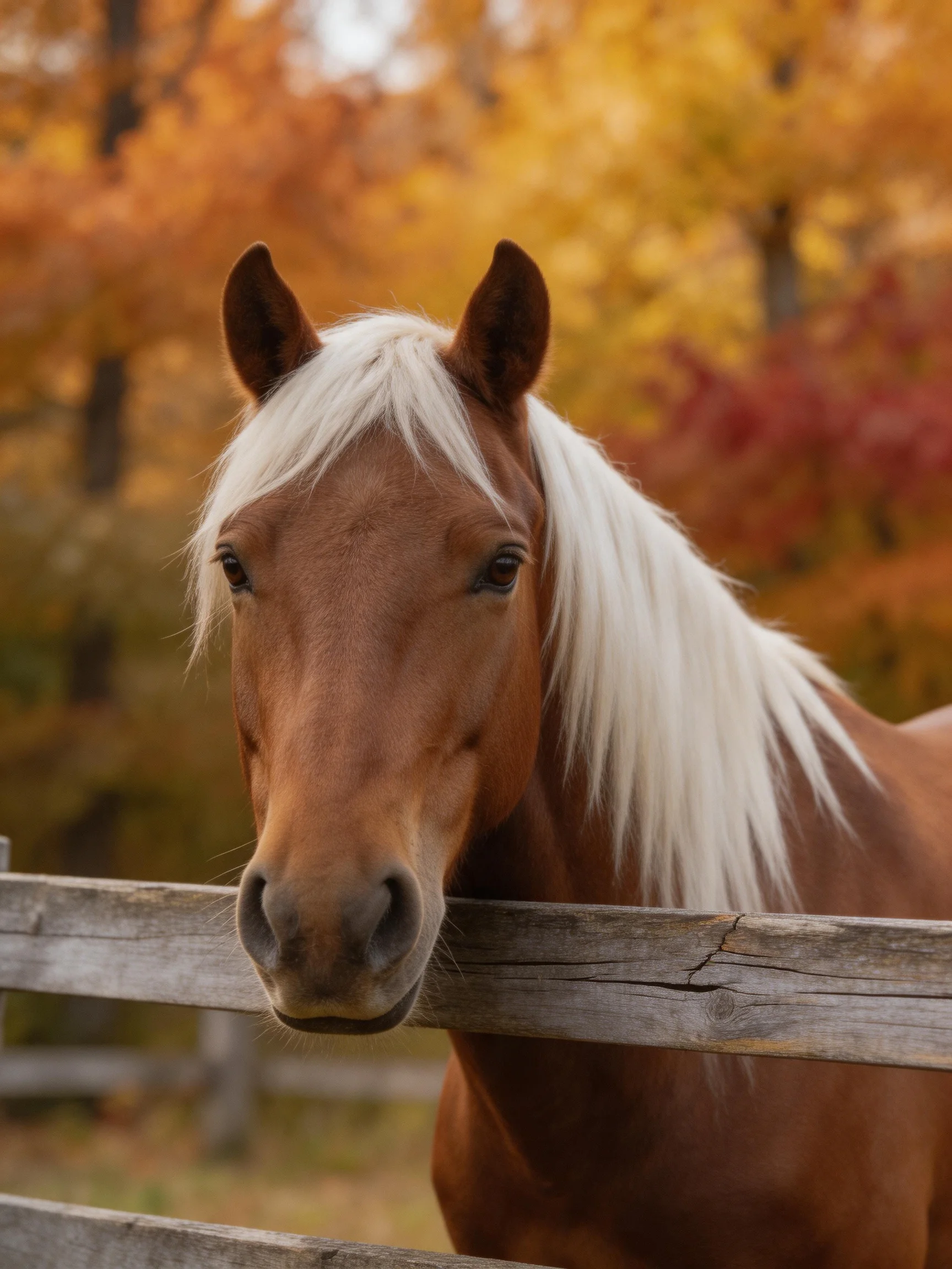 Chestnut Horse with Long White Mane Near Weathered Fence in Autumn