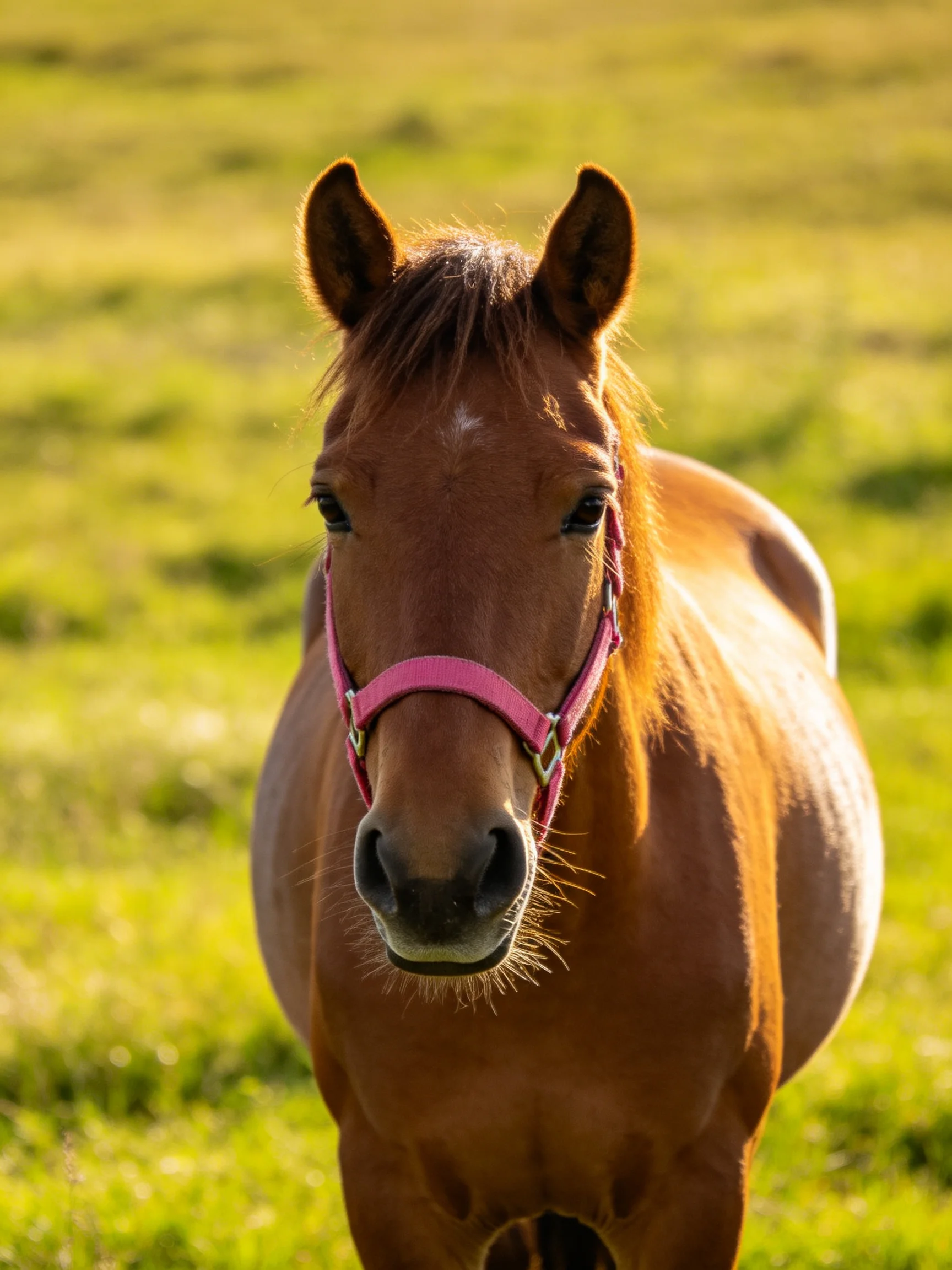 A chestnut horse with a pink halter stands in a sunlit meadow.