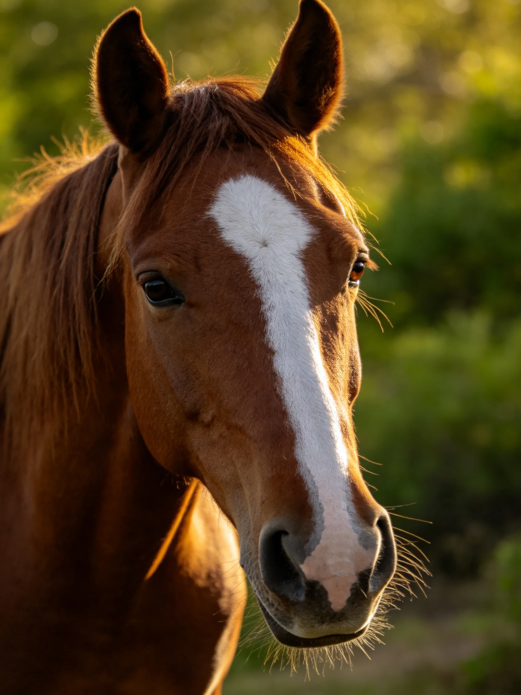 Chestnut Horse with Prominent White Facial Stripe in Natural Light