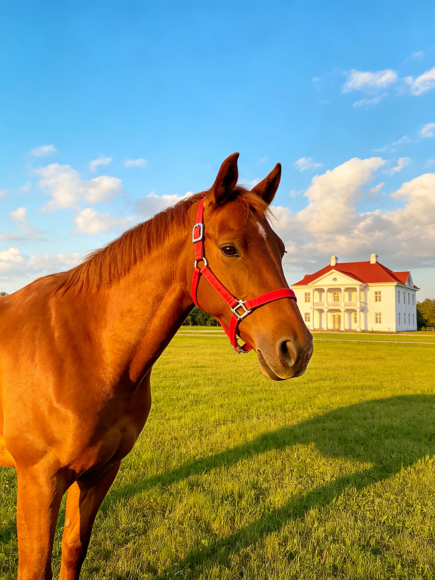 Chestnut Horse with Red Halter in Green Field Near Red-Roofed Mansion