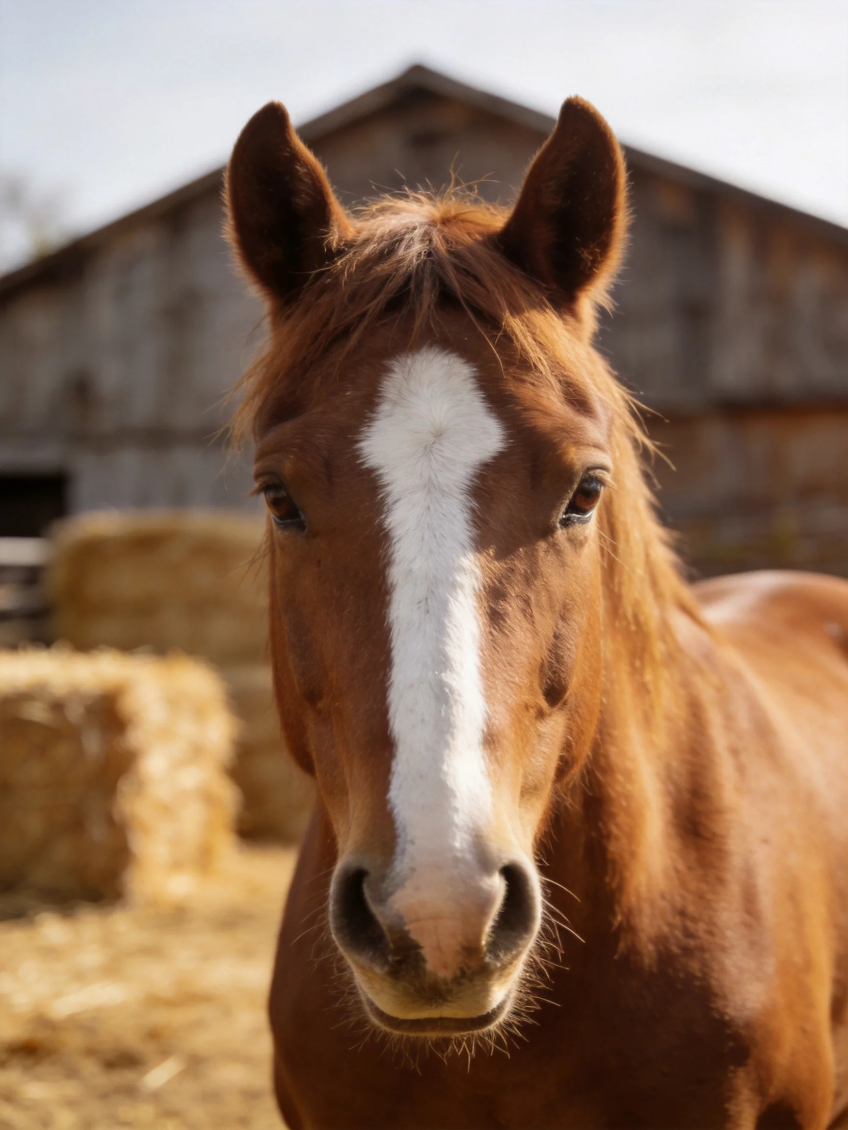 A chestnut horse with a white blaze stands near an old barn and hay bales.