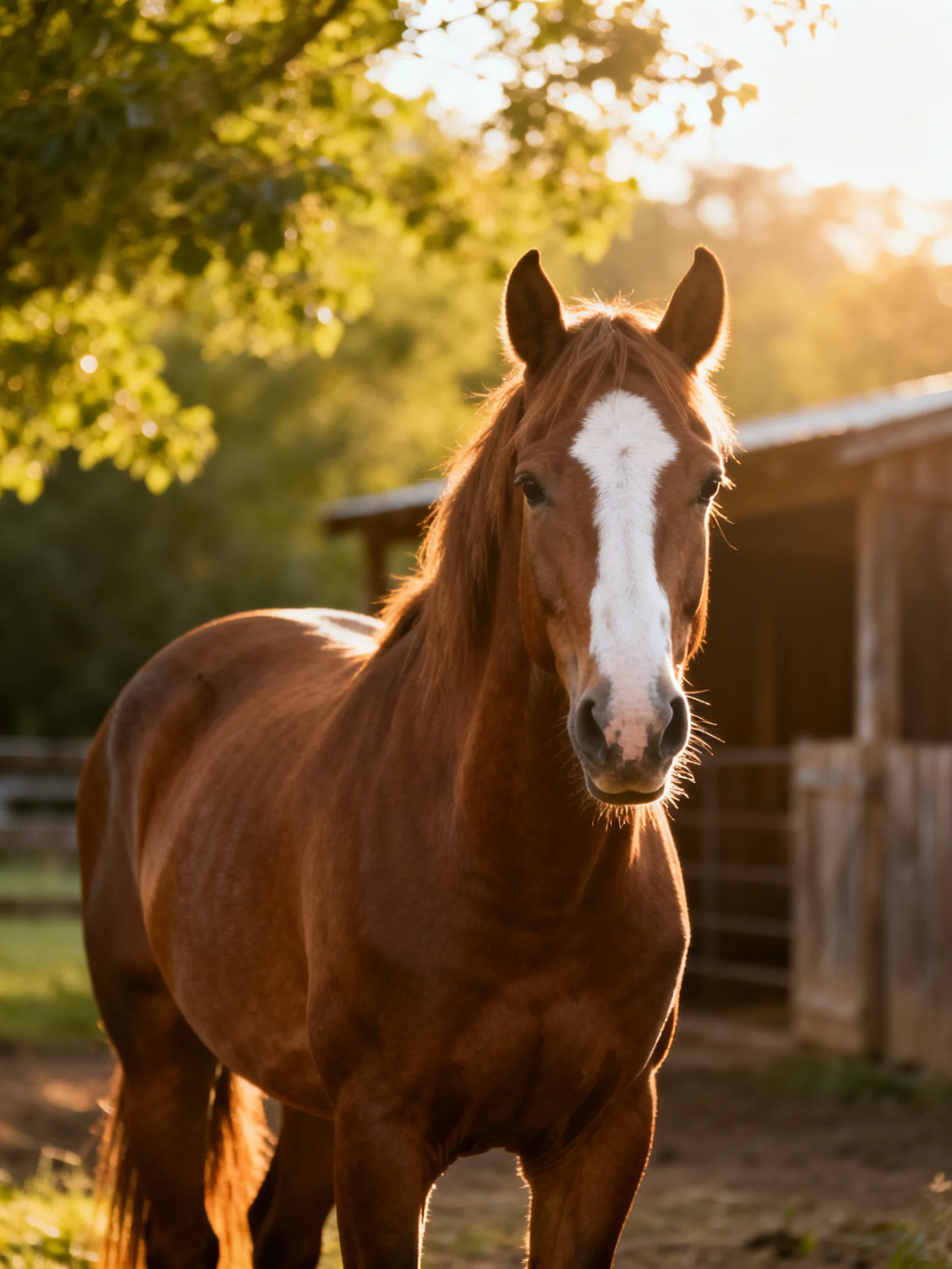 Chestnut Horse with White Blaze Near Wooden Barn Under Golden Light