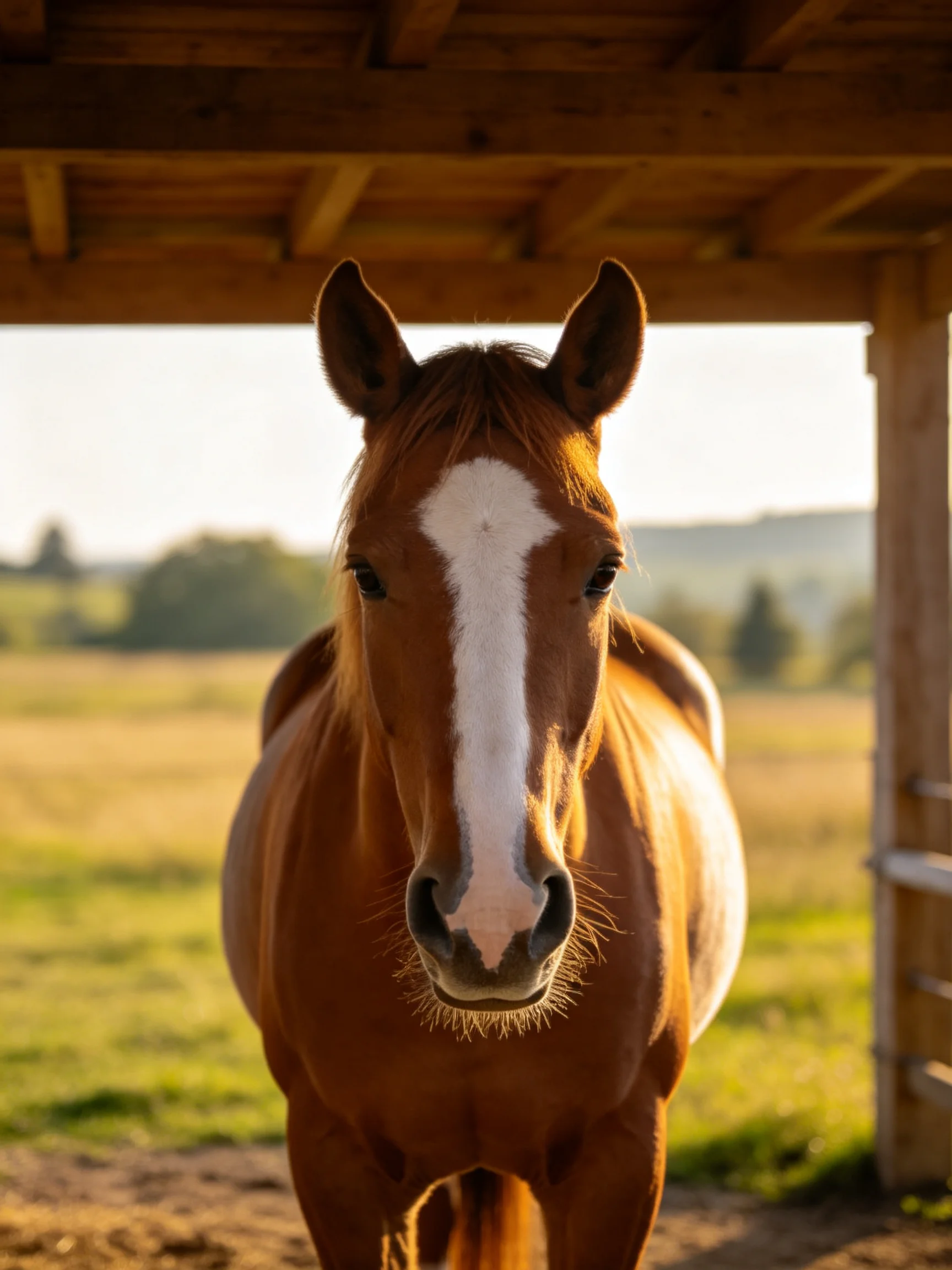 A chestnut horse with a white blaze stands under a wooden shelter in a sunlit field.