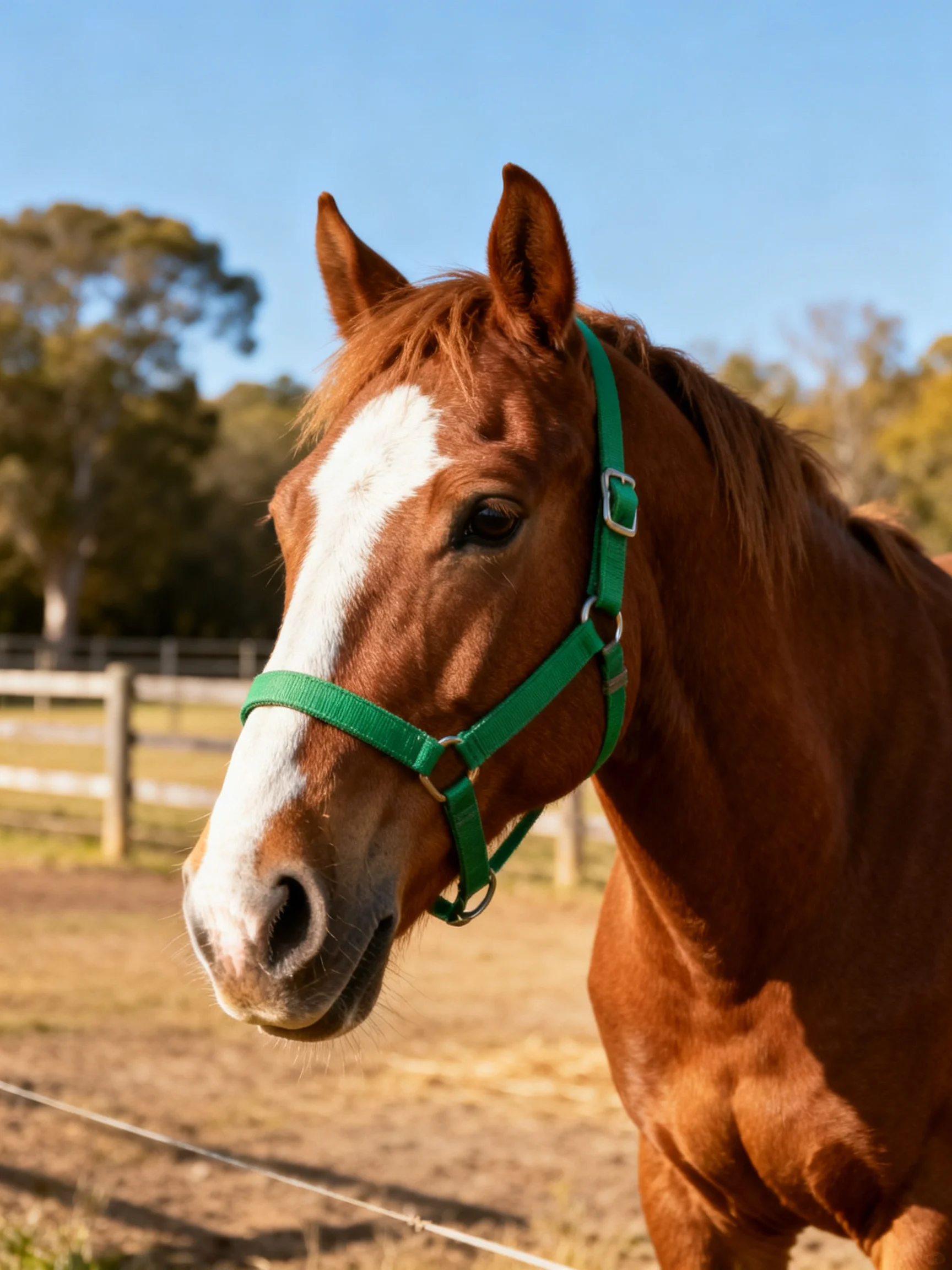 Chestnut Horse with White Blaze Wearing Green Halter
