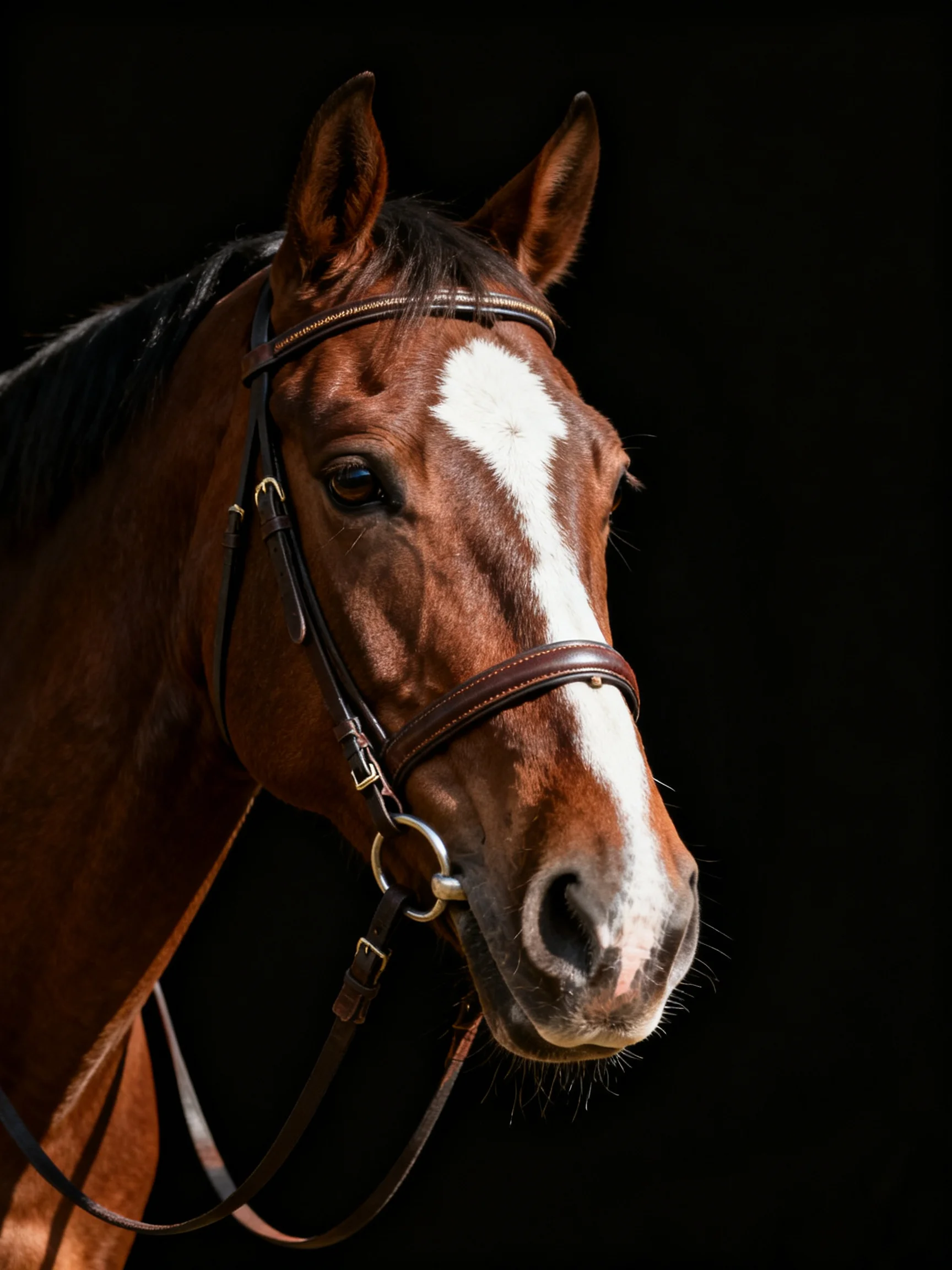 Chestnut Horse with White Blaze Wearing a Bridle on a Black Background