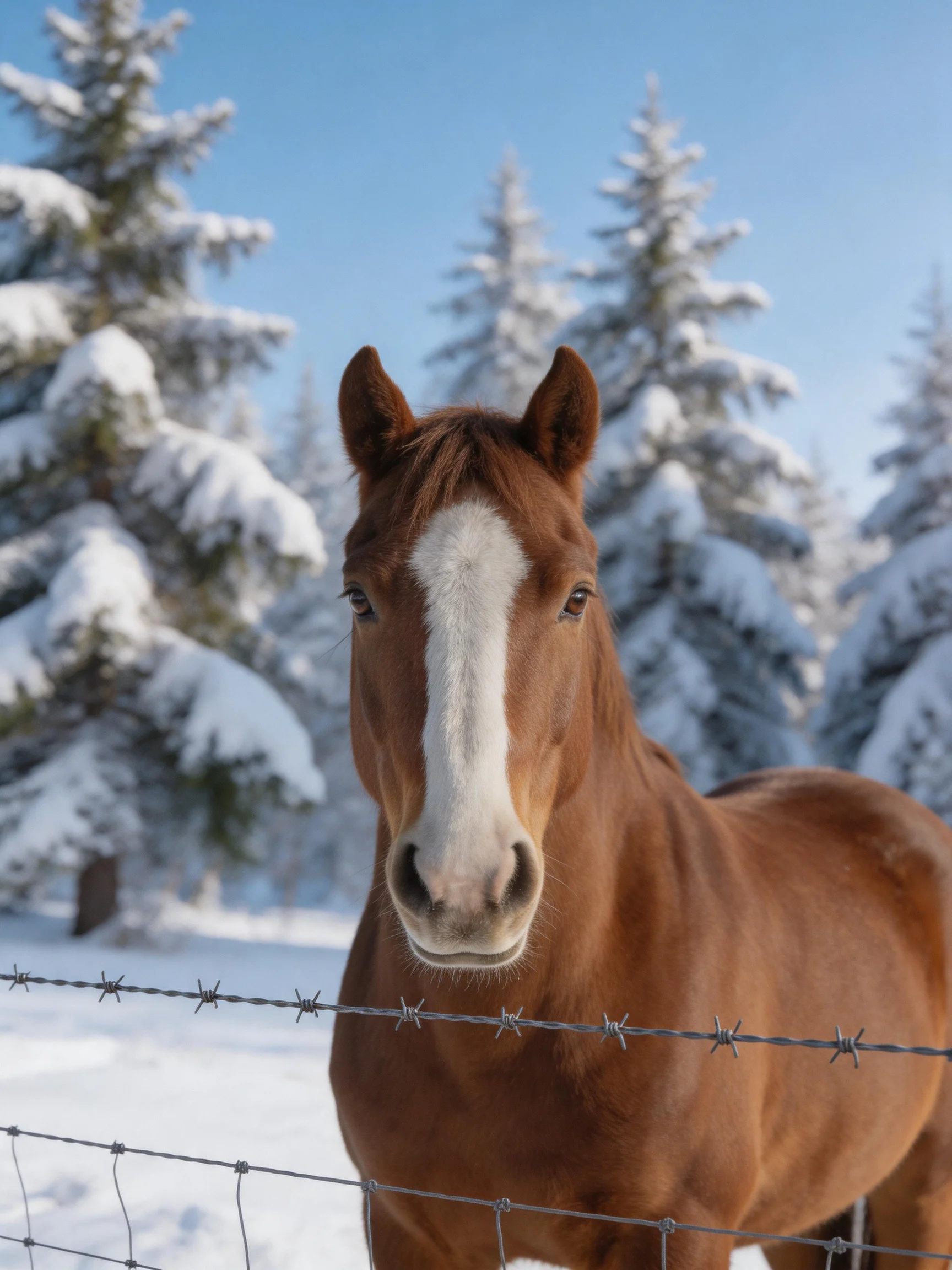 Chestnut Horse with White Blaze by Barbed Wire Fence in SnowyForest