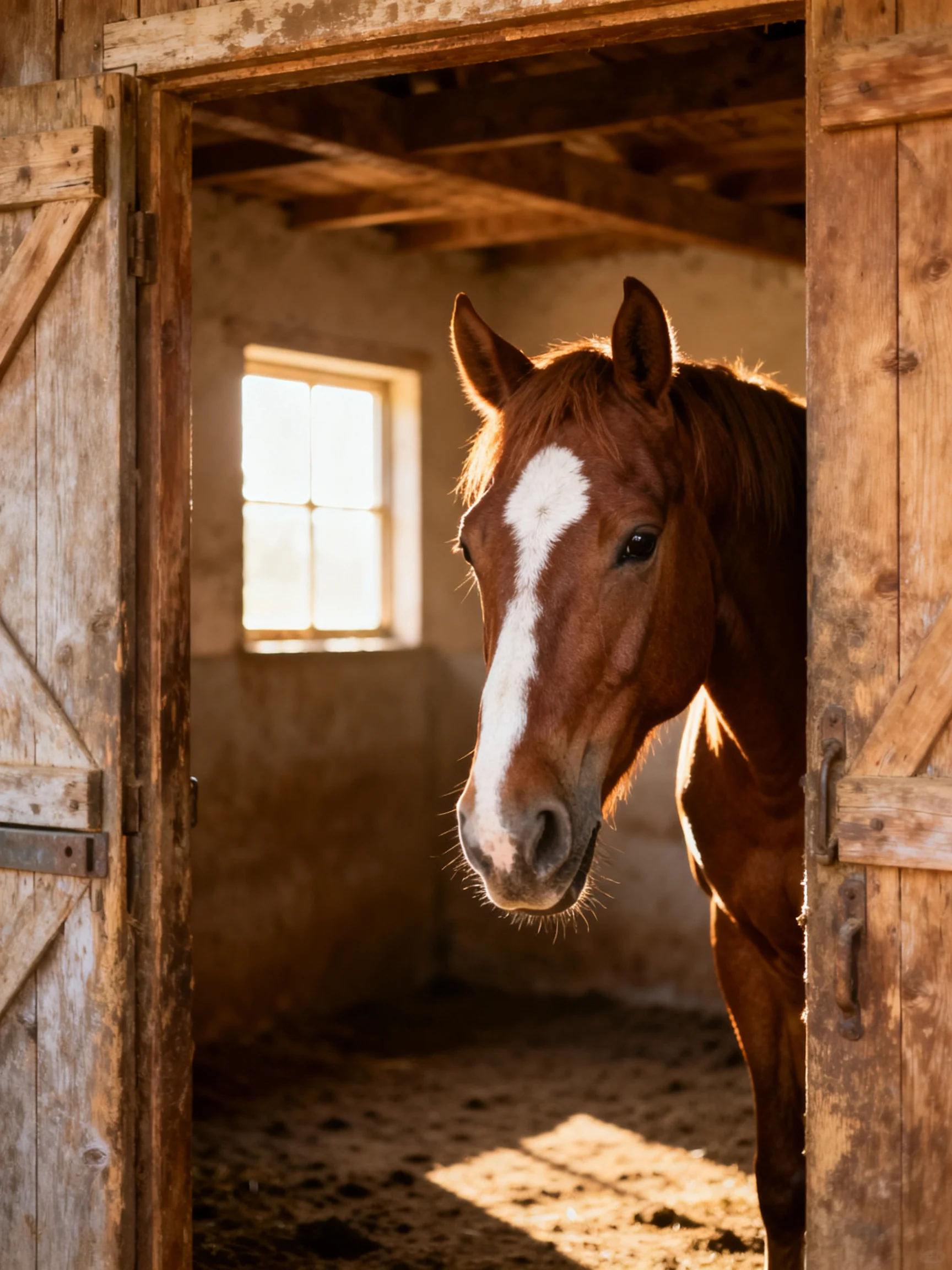 Chestnut Horse with White Blaze in Rustic Wooden Stable