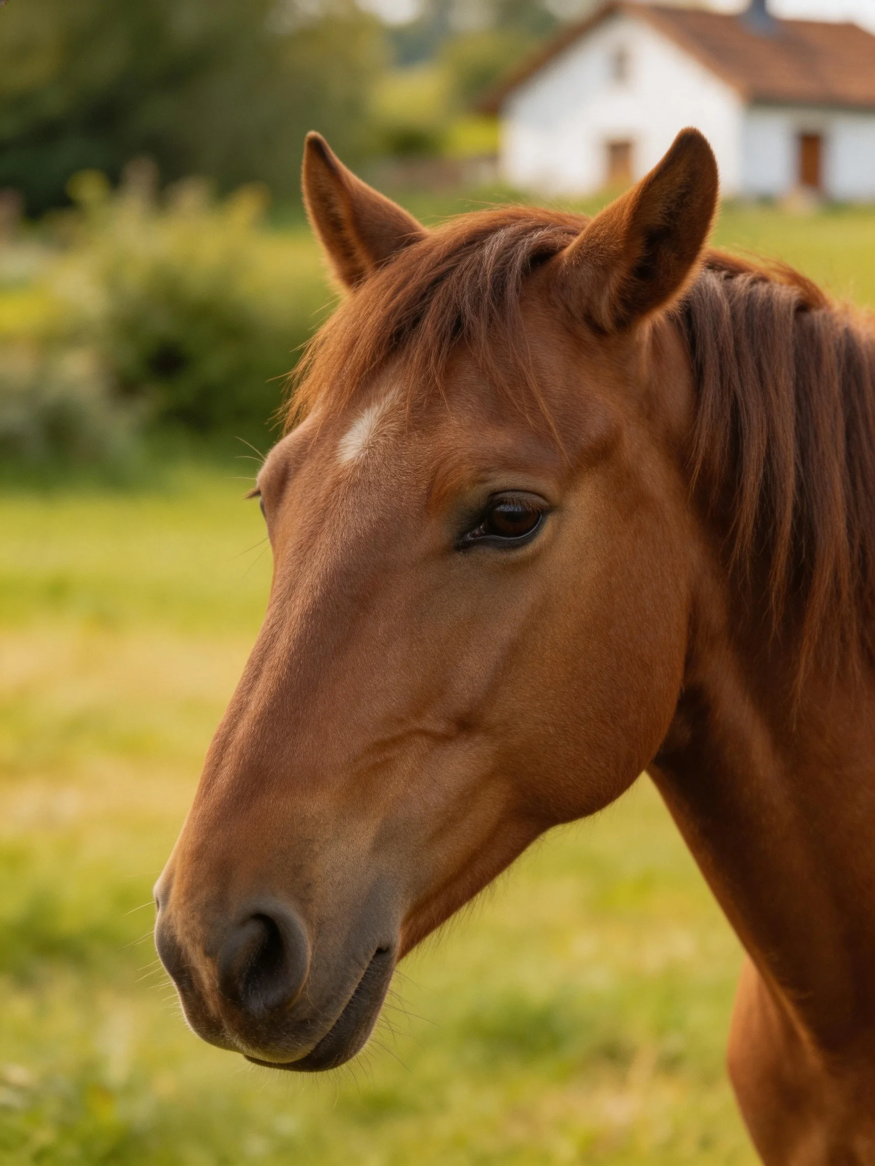 Chestnut Horse with White Forehead Marking in Sunlit Green Pasture