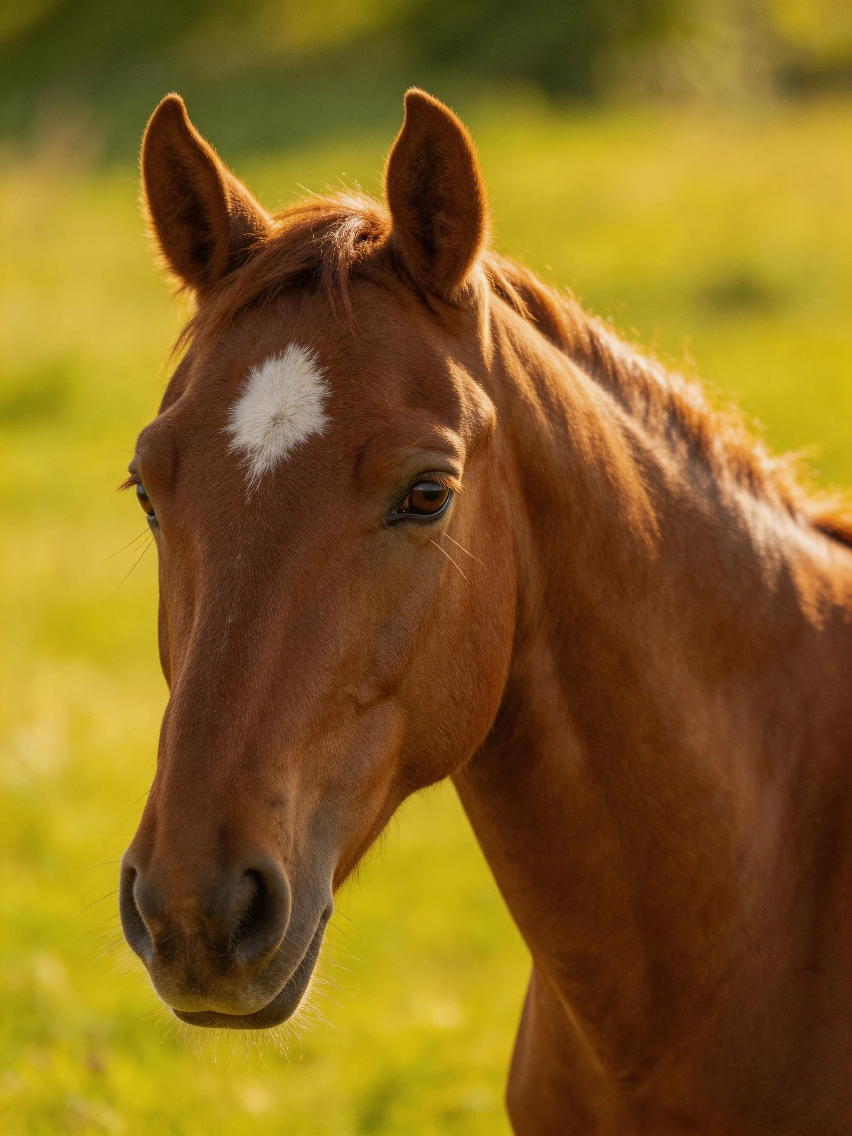 Chestnut Horse with White Forehead Spot in Sunlit Meadow