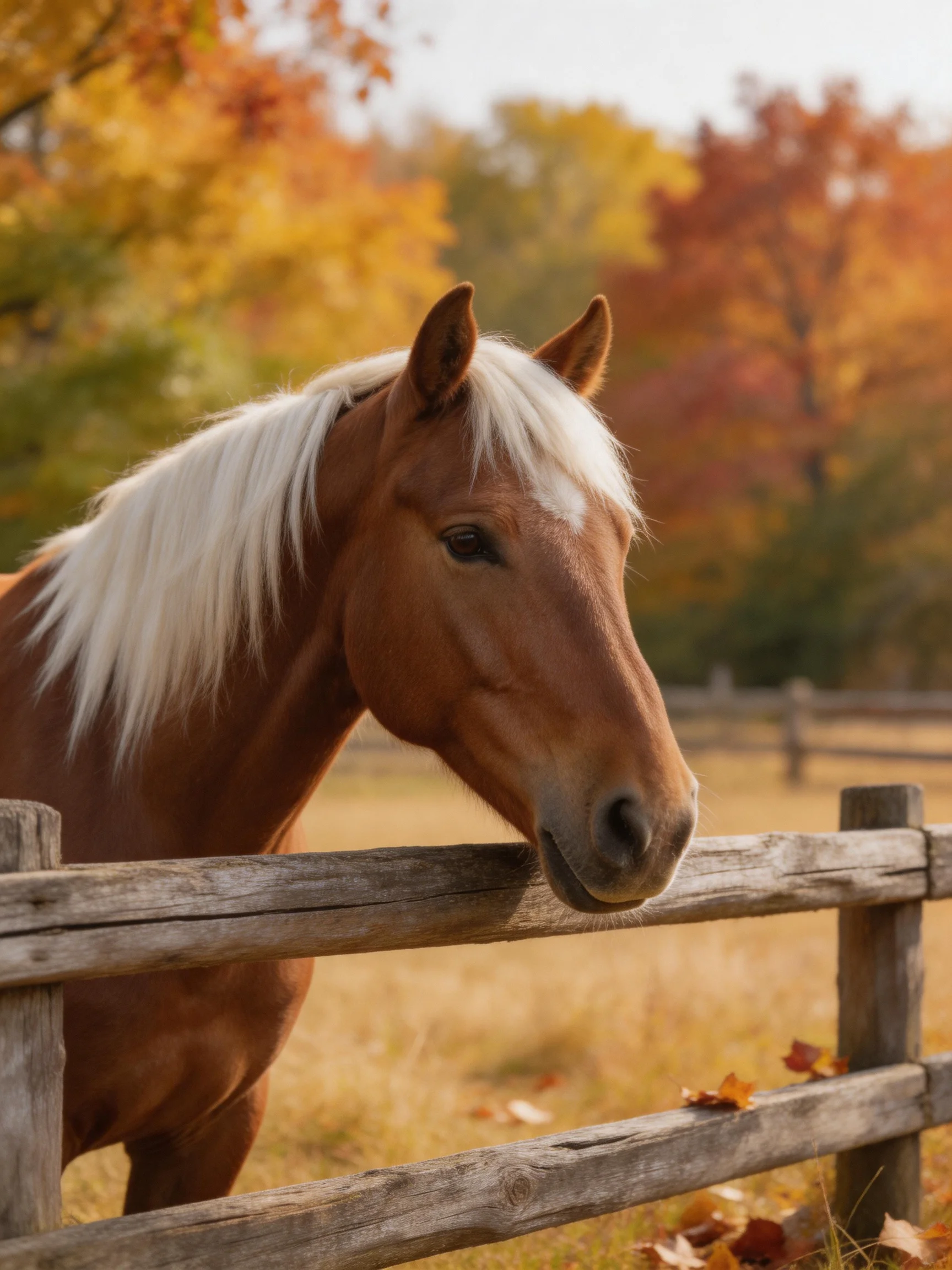 Chestnut Horse with White Mane Near Weathered Wooden Fence