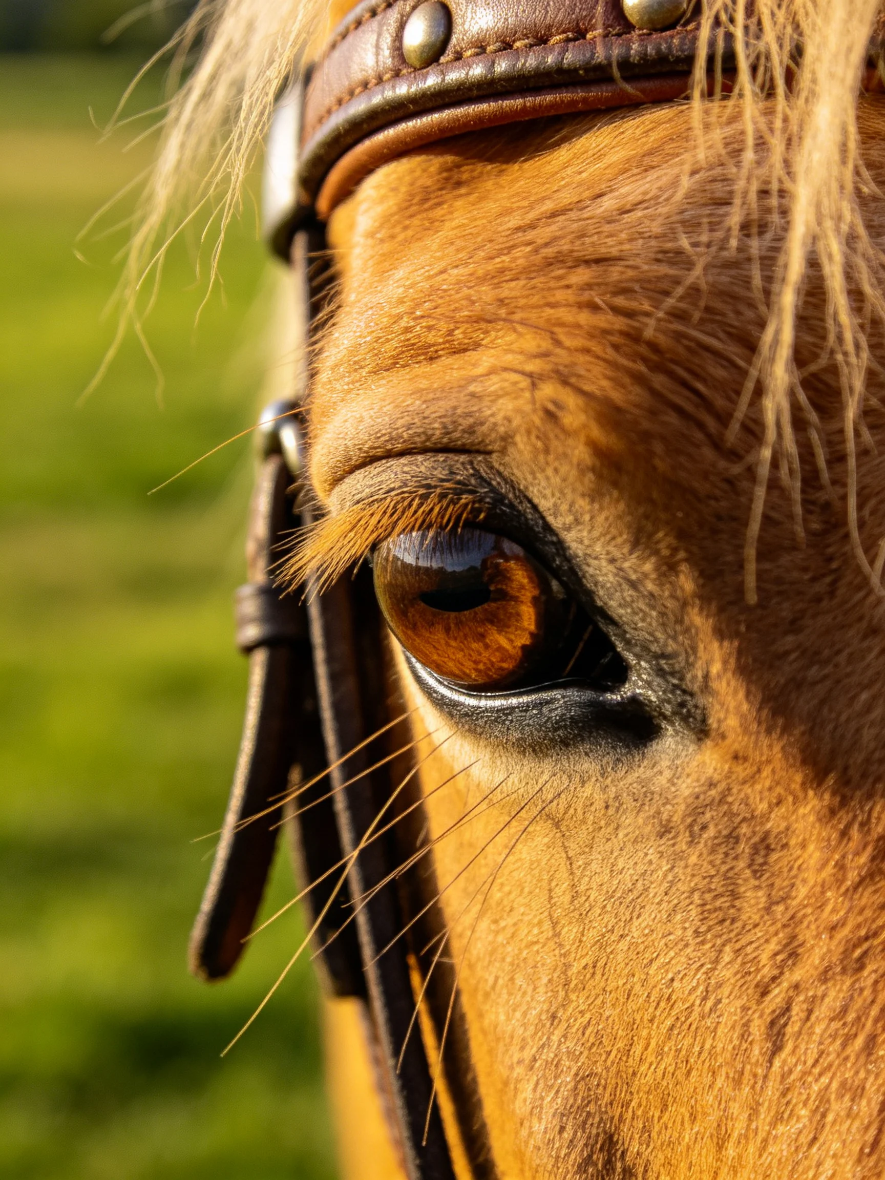 Chestnut Horse’s Amber Eye with Brown Bridle Details