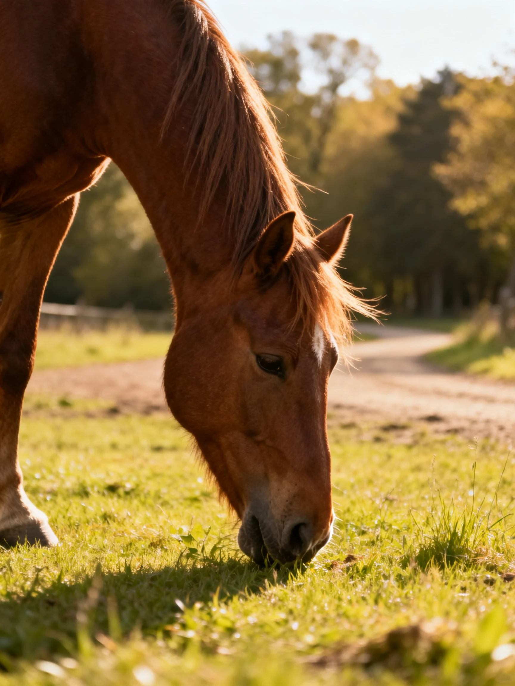 A chestnut horse grazes in a sunlit meadow beside a dirt path.