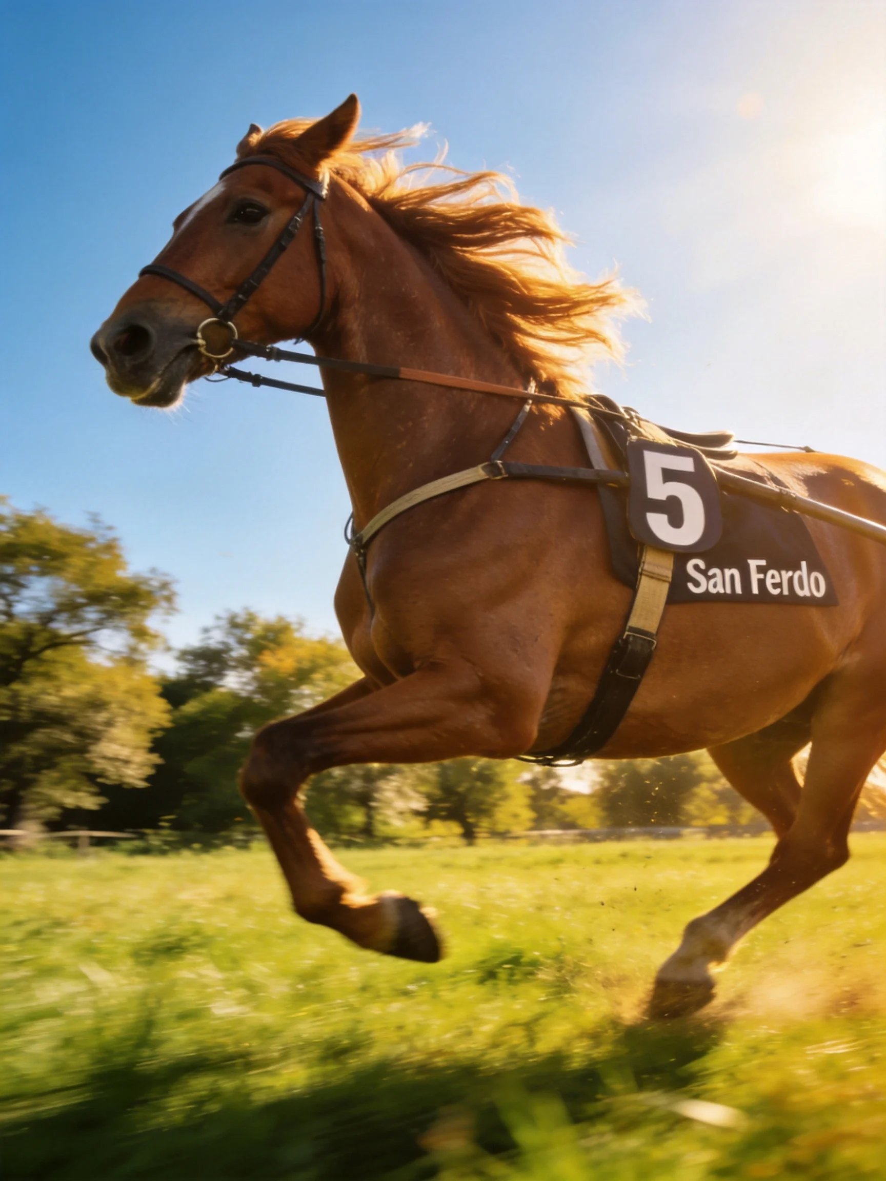 Chestnut horse marked 5 San Ferdo races through sunlit fields