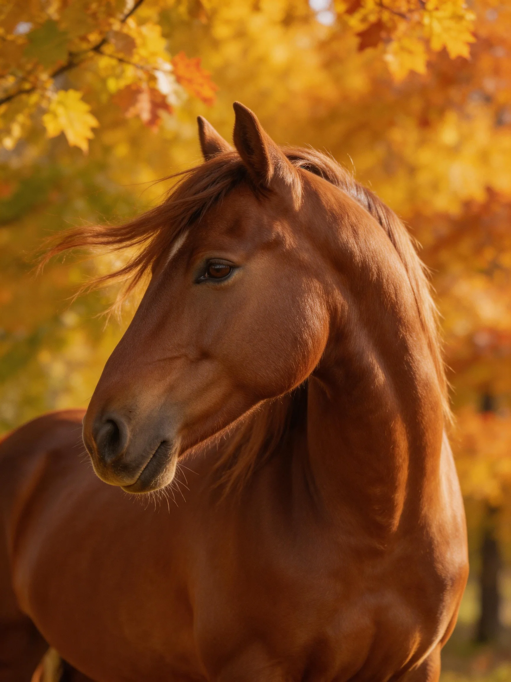 Chestnut horse surrounded by vibrant golden autumn foliage
