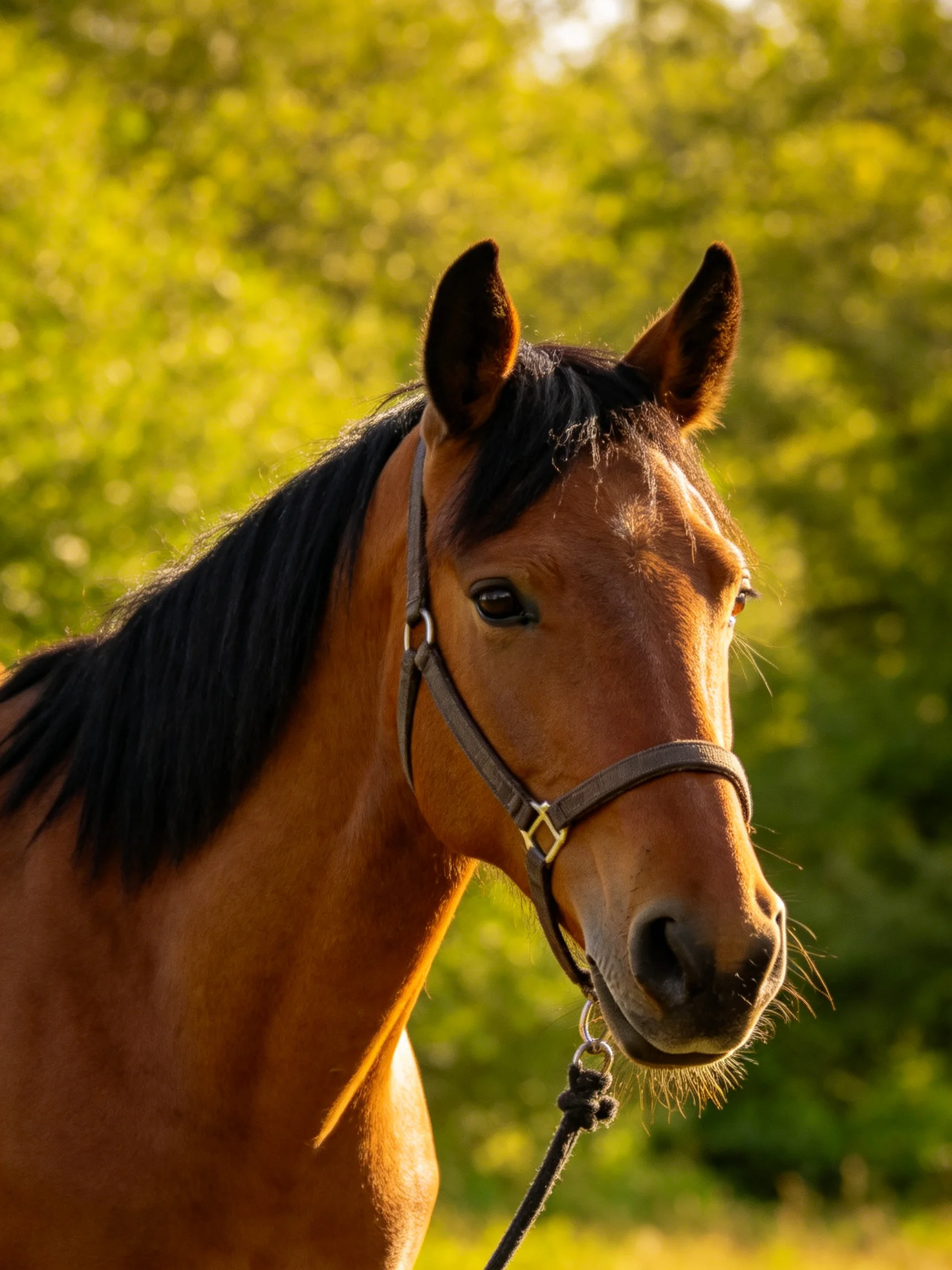 Chestnut horse with a black mane in sunlit green landscape