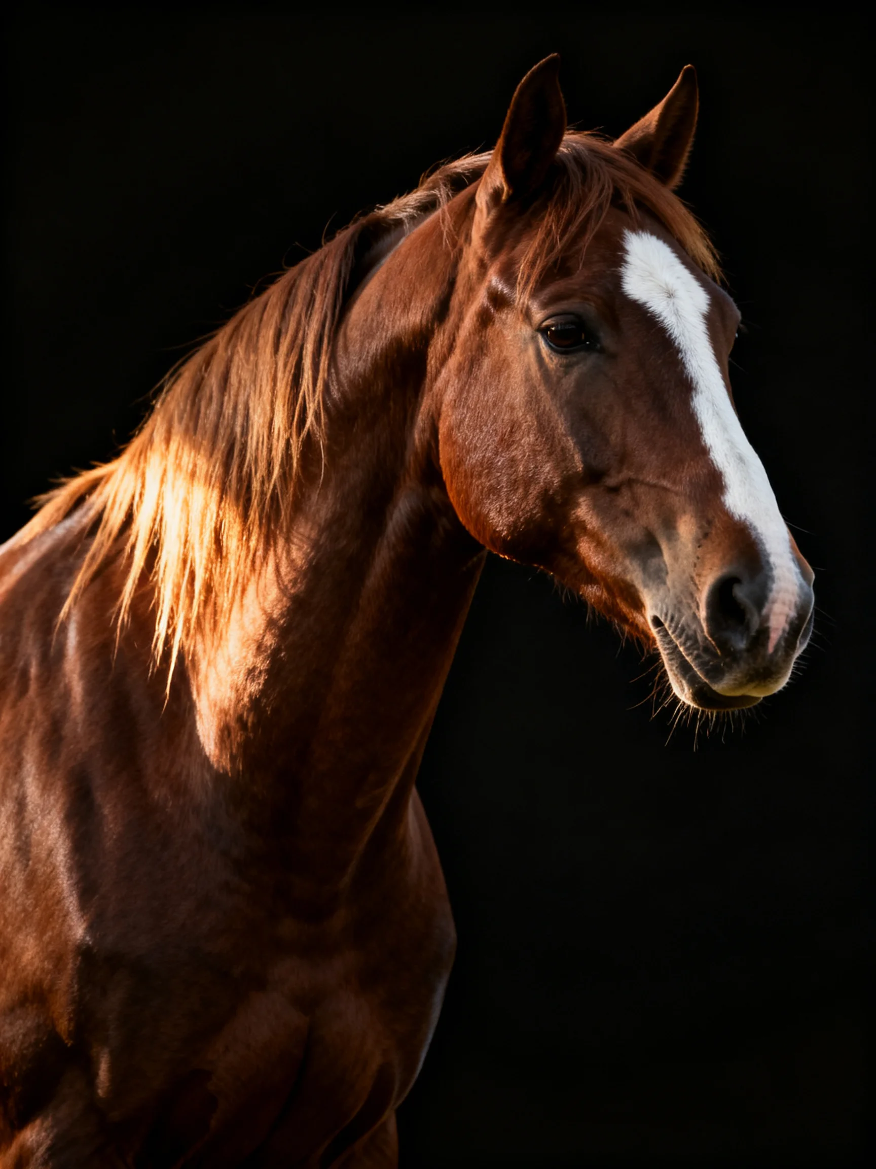 Chestnut horse with a bold white blaze against a black backdrop