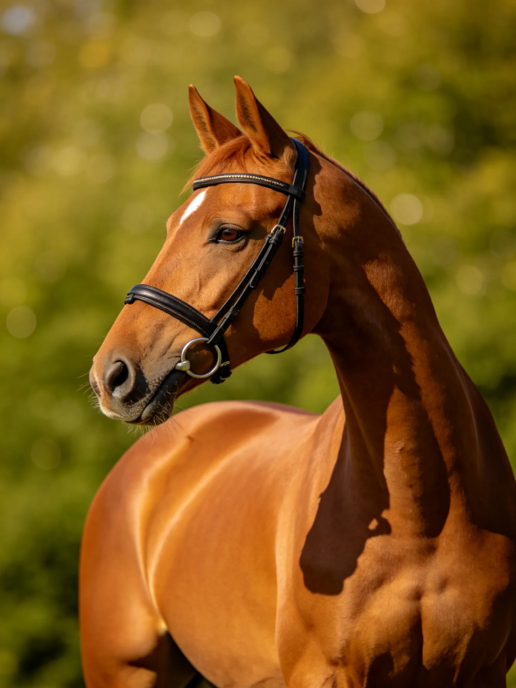 Chestnut horse with black bridle in a sunlit green landscape