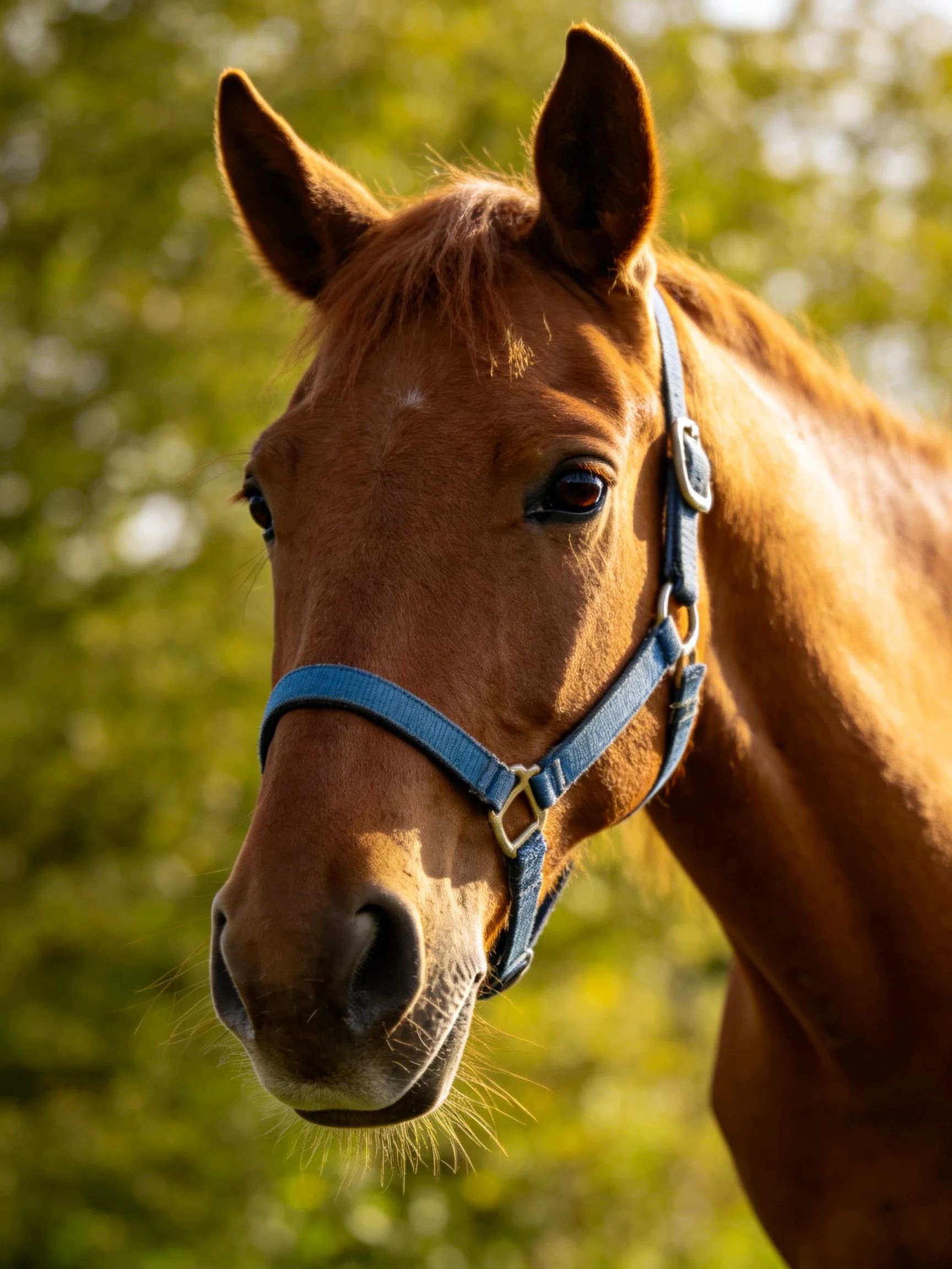 Chestnut horse with blue halter stands amid sunlit green foliage.