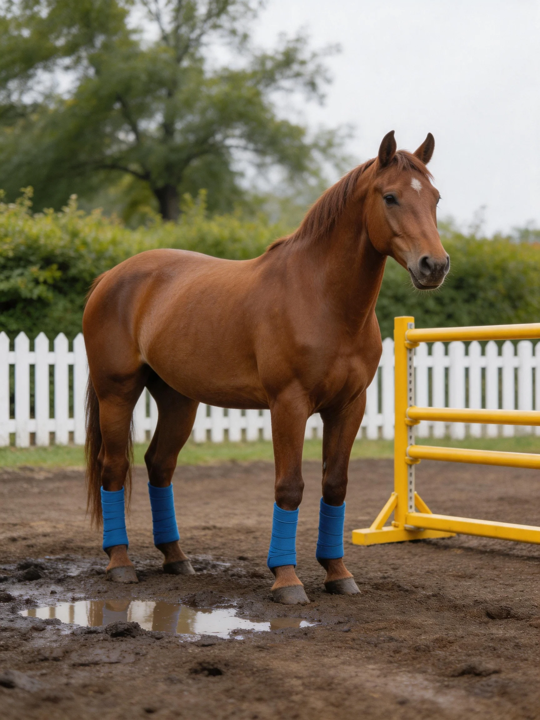 Chestnut horse with blue leg wraps near yellow equestrian obstacle