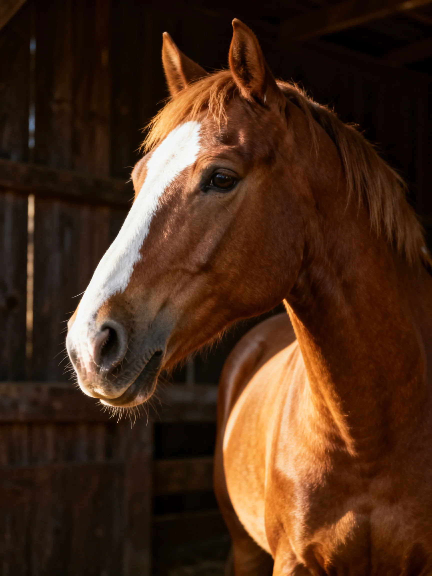 Chestnut horse with bold white blaze near aged wooden barn walls
